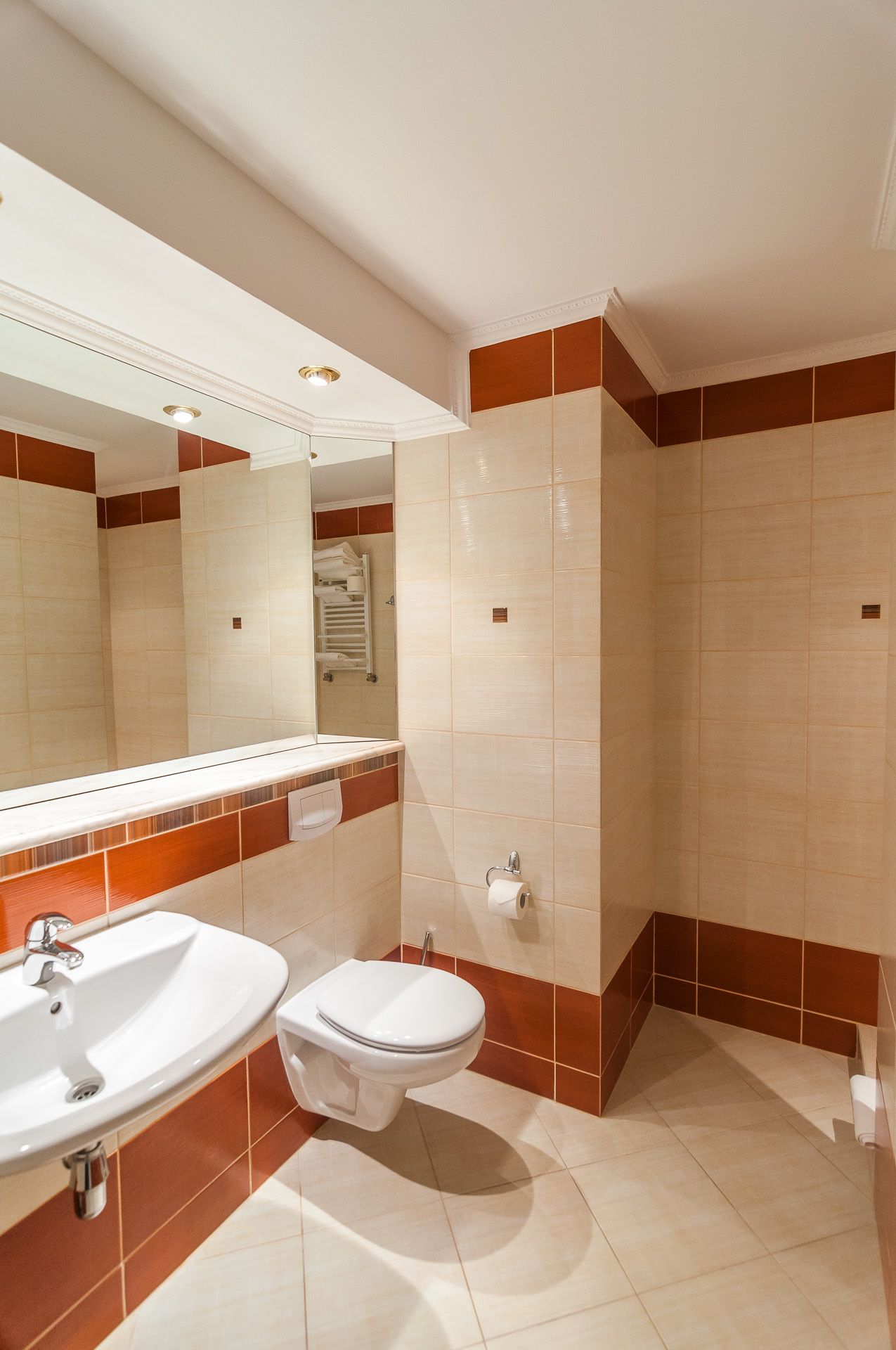 A modern bathroom with a sink, toilet, and mirror.