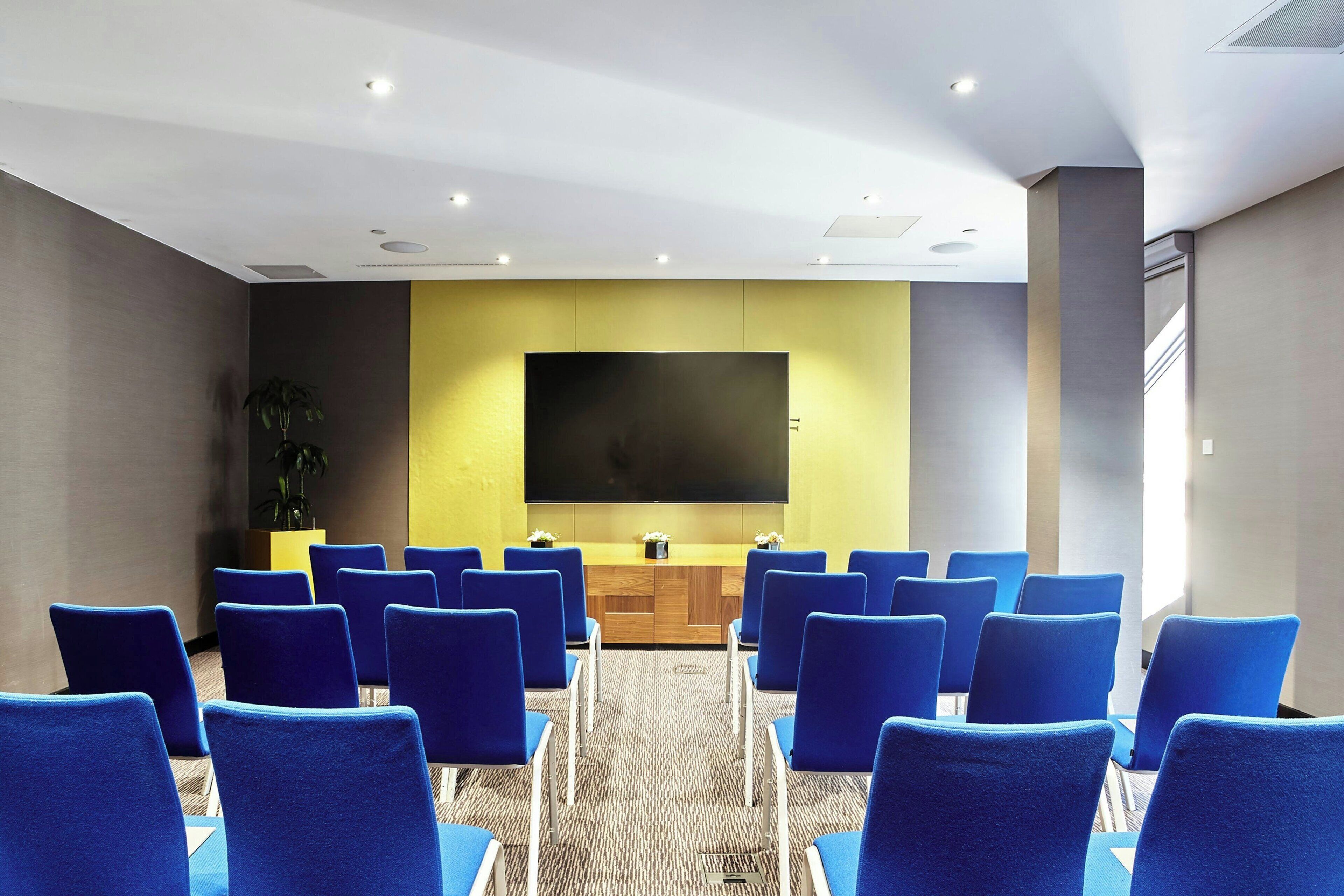 A conference room with blue chairs arranged in rows, a large flat-screen TV on the wall, and a wooden cabinet with two small plants.