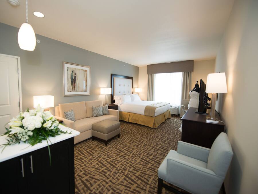 A hotel room with a bed, a sofa, a desk, and a chair.