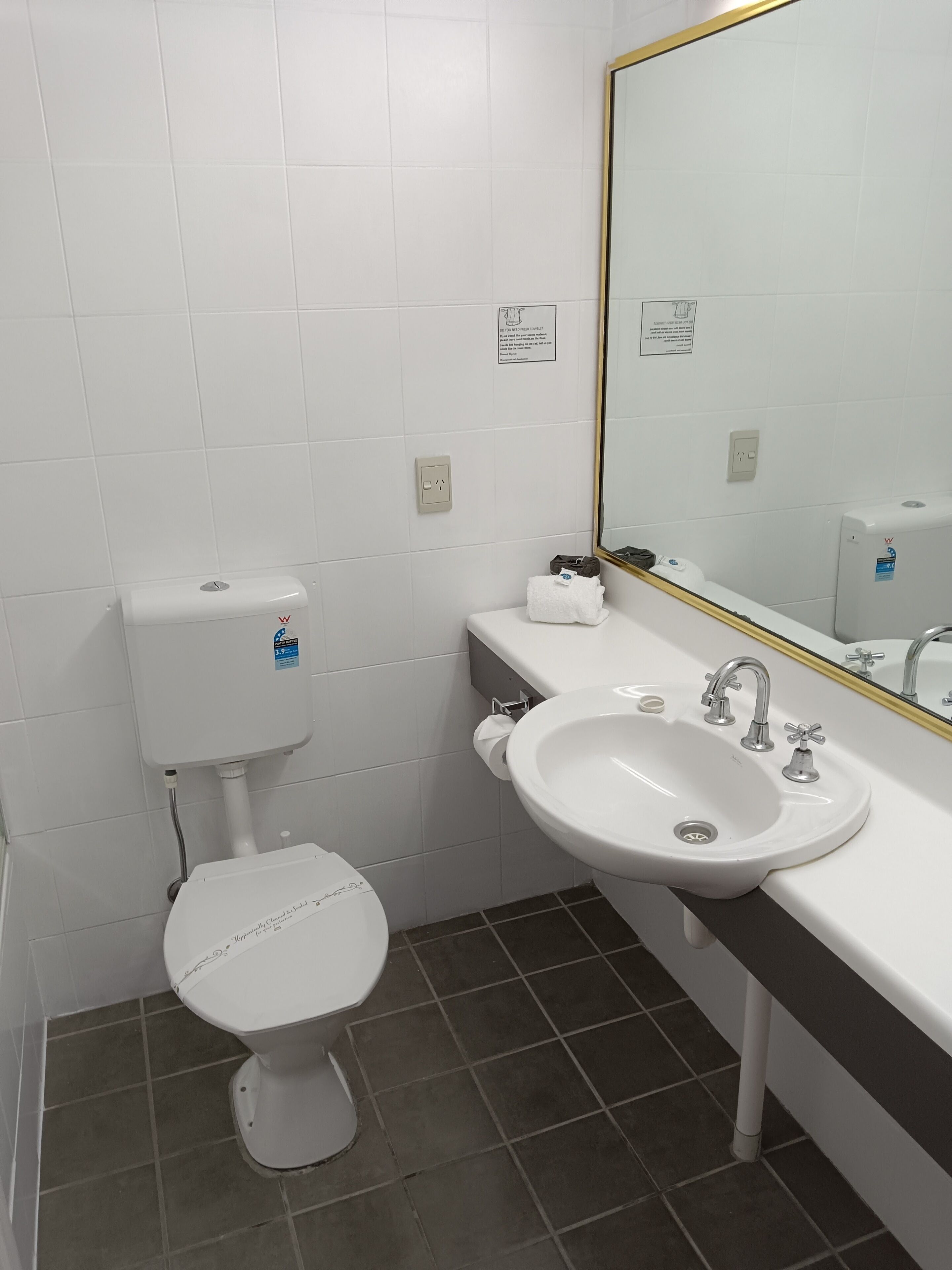 A bathroom with a toilet, sink, and mirror.