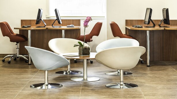 A modern office with ergonomic chairs, desks with computers, and a decorative orchid plant. - Ibis Rio de Janeiro Parque Olimpico (Rio de Janeiro)
