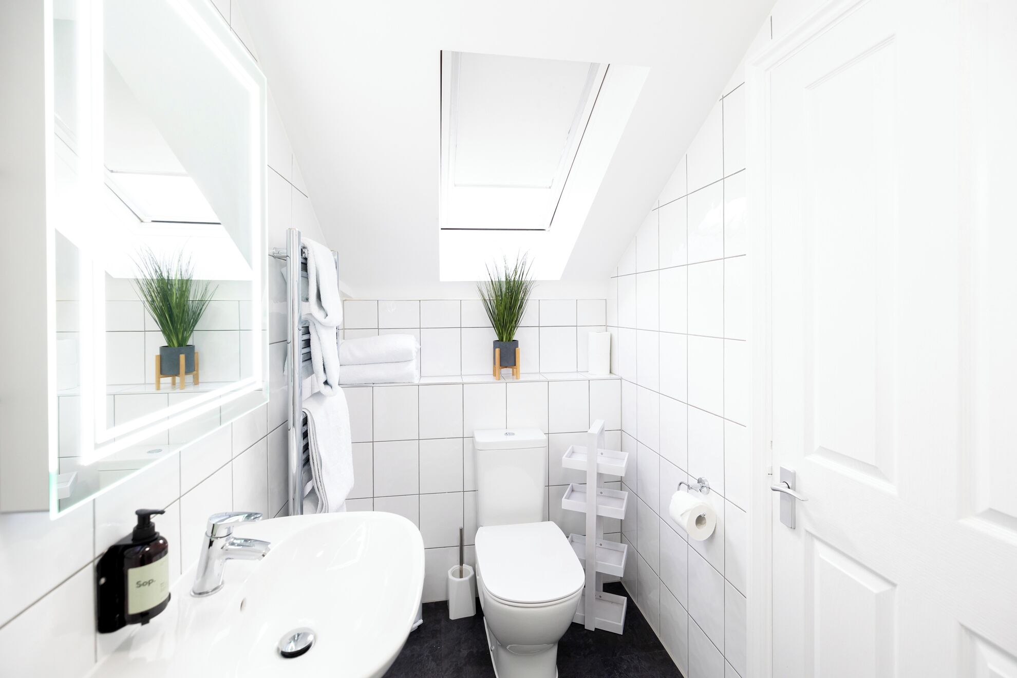A modern bathroom with a white sink, a toilet, and a shower area. There are two potted plants on the wall.