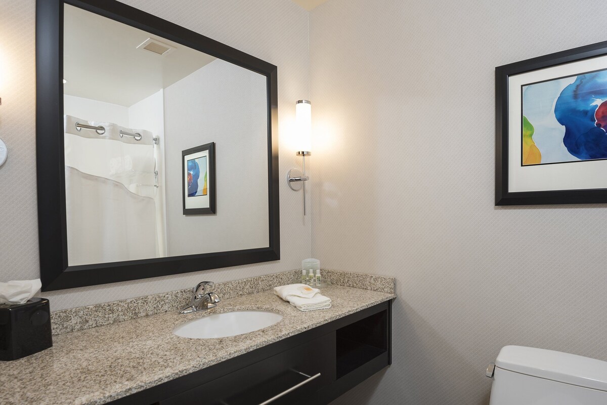 A bathroom with a large mirror, two sinks, a toilet, and a framed artwork on the wall.
