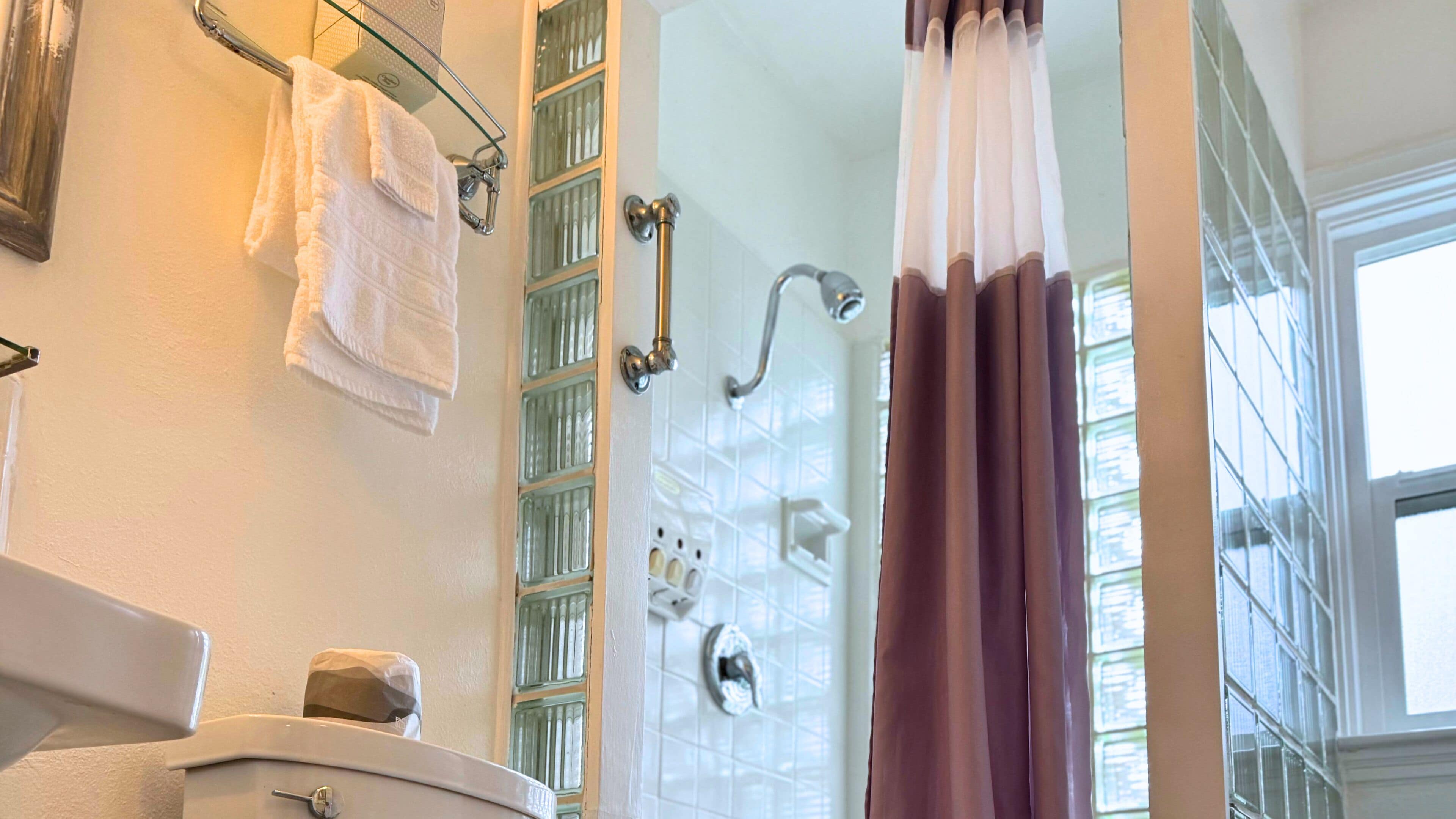 A bathroom with a shower curtain, a towel rack, and a toilet.