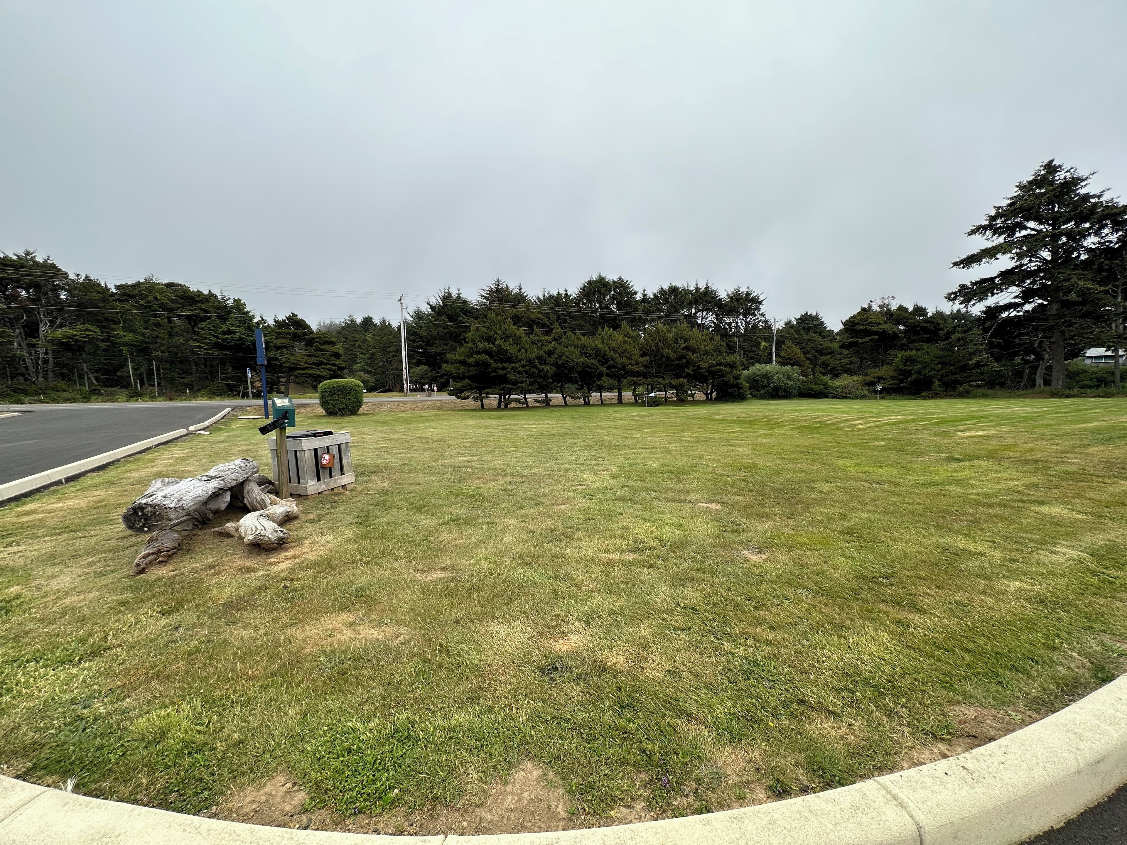A grassy area with a curb, a blue sign, and a wooden structure.