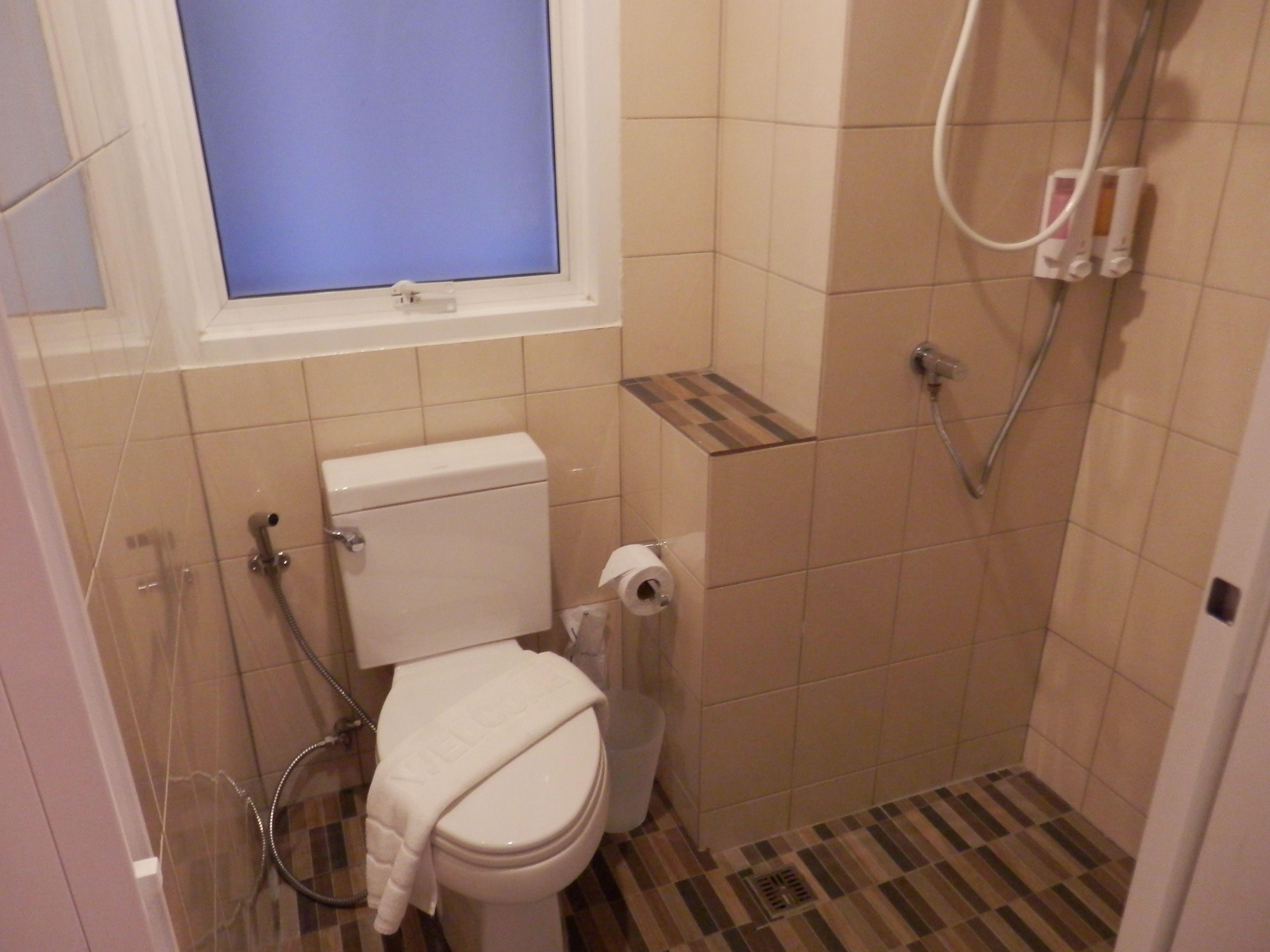 shower, free toiletries, slippers, towels