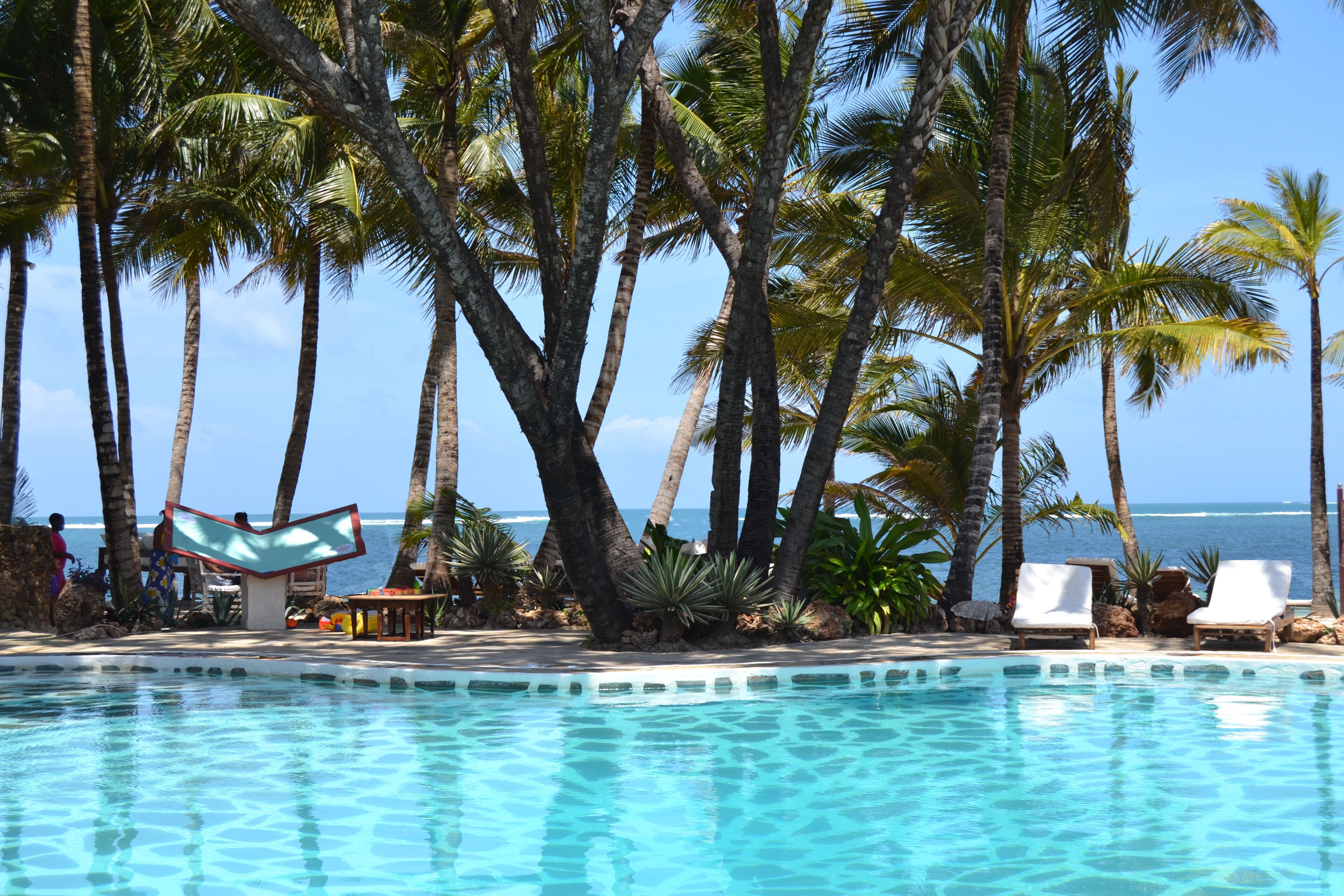 A pool area with palm trees and a view of the ocean.