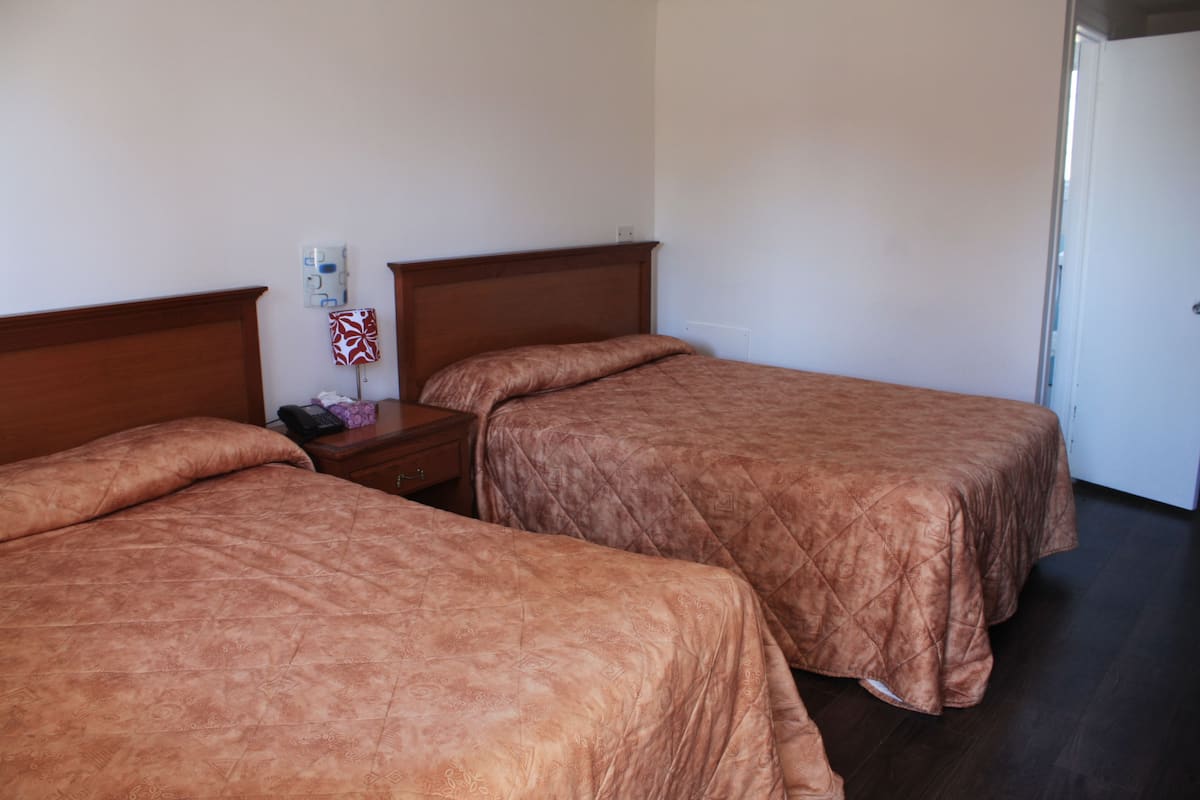 Una habitación con dos camas, una mesita de noche, una lámpara y una puerta.