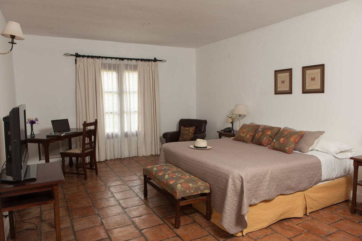 A bedroom with a bed, a desk with a computer, a chair, a TV, and a window with curtains.