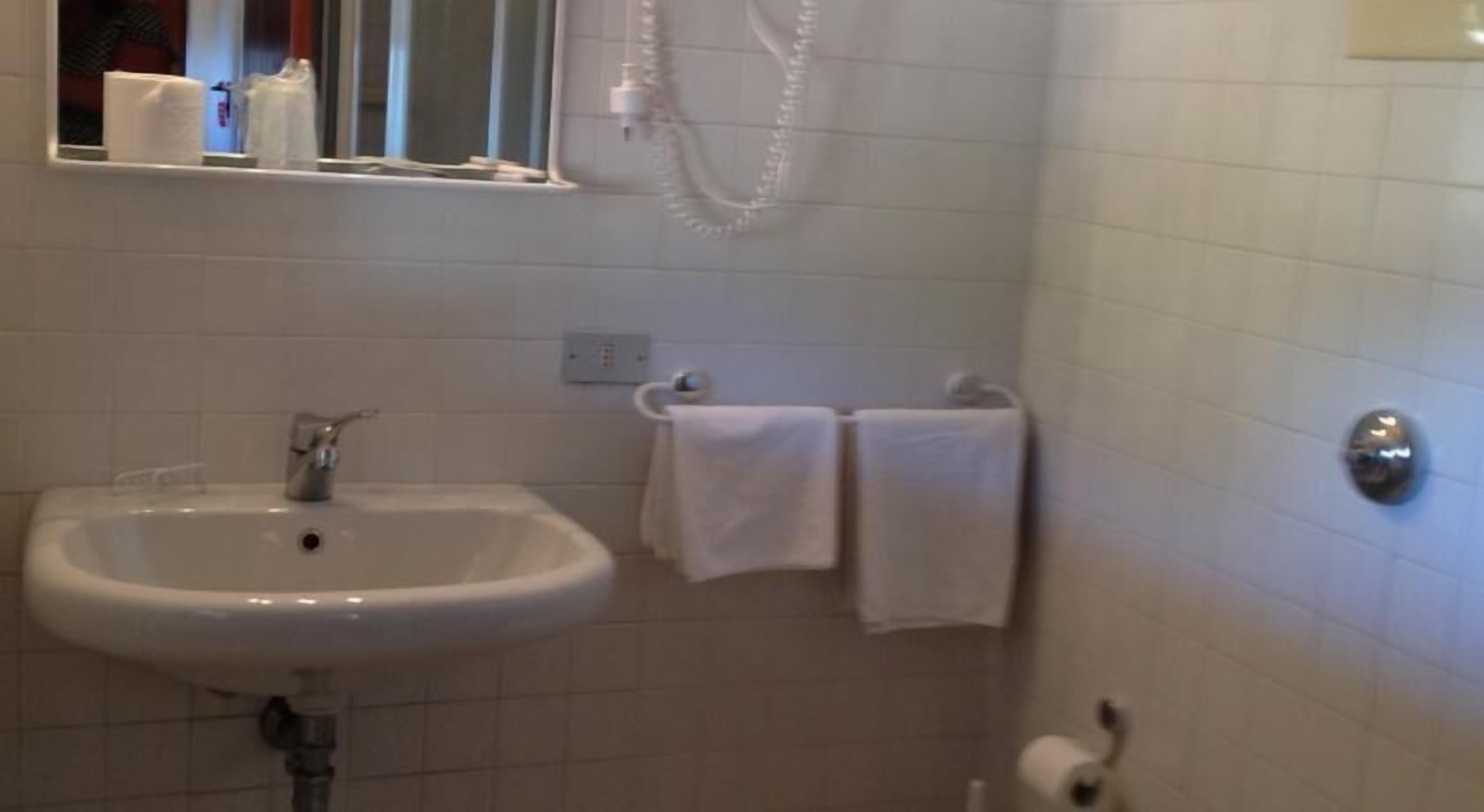 A bathroom with a sink, a mirror, a towel rack, and a toilet.