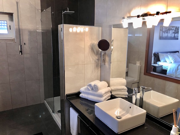 Ducha, artículos de tocador gratuitos, secador de pelo, toallas