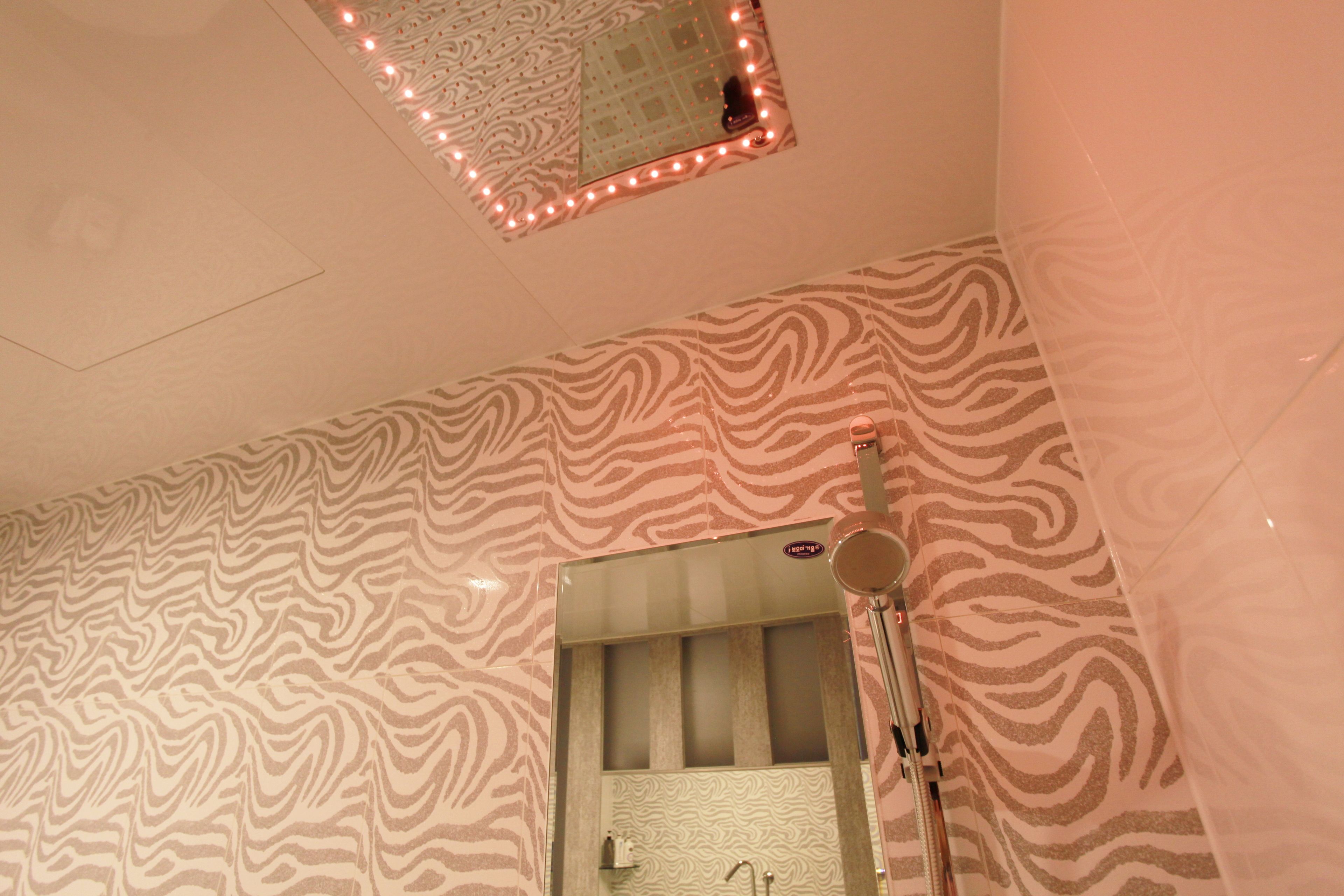 A bathroom with a zebra-striped wall pattern, a mirror with lights, and a shower area.