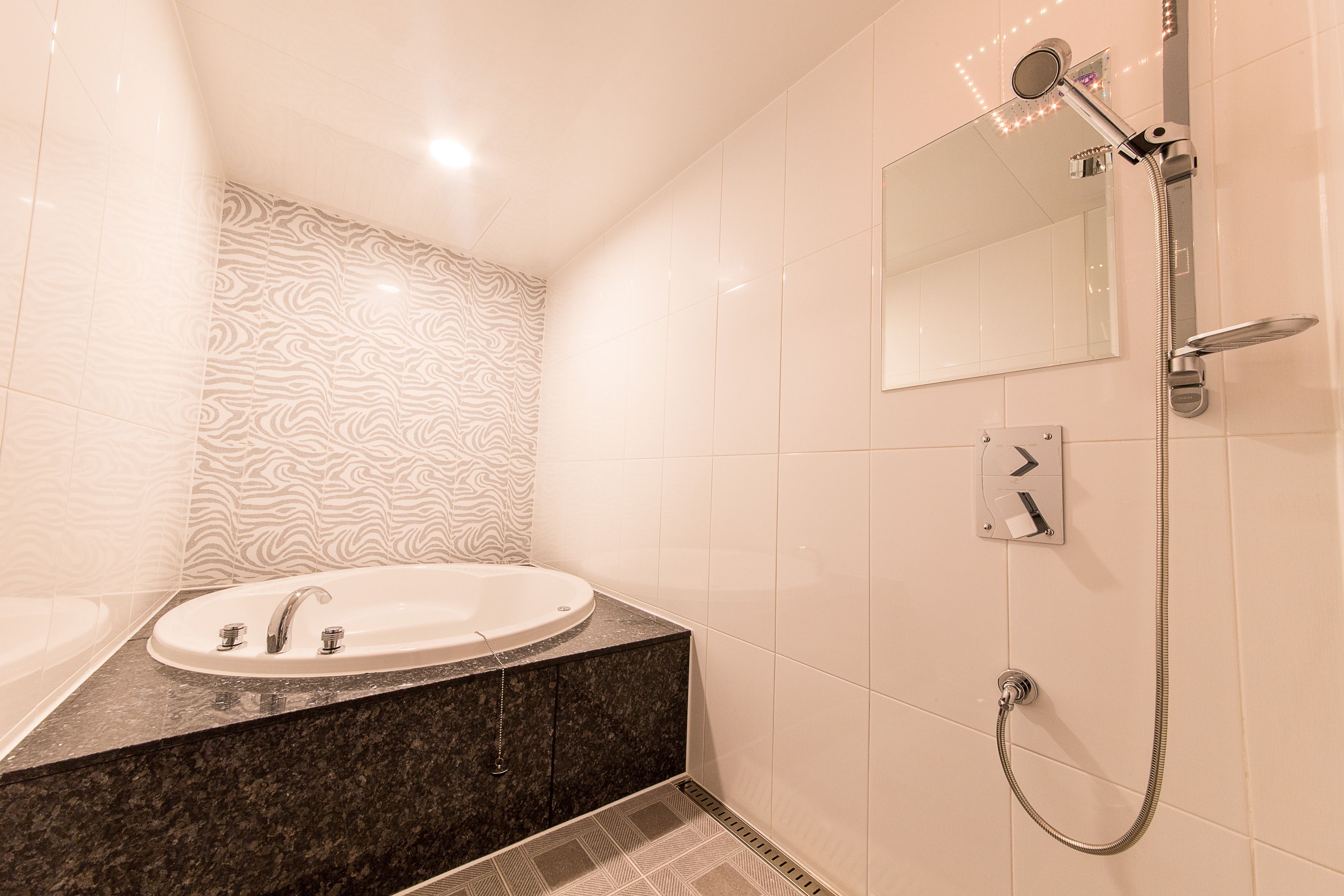 Ein Badezimmer mit Waschbecken, Spiegel, Dusche und gemusterten Fliesen.