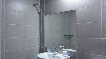 Shower, free toiletries, hair dryer, slippers