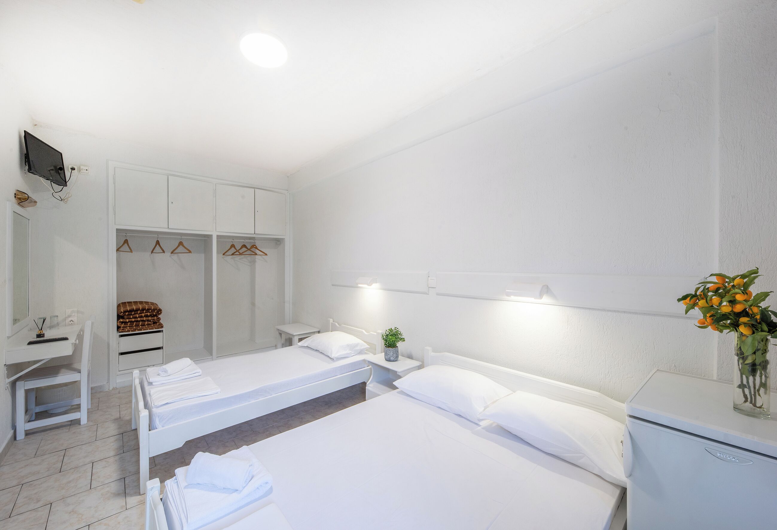 A hotel room with two beds, a desk, a chair, a wardrobe, and a small table with a plant.