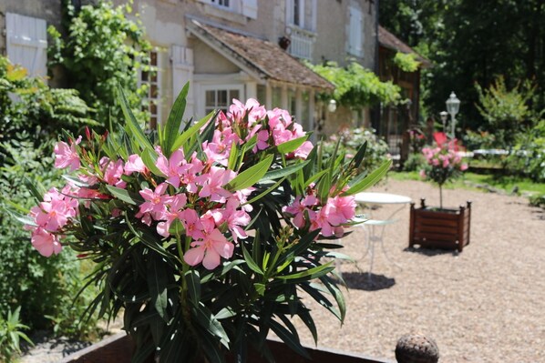 A garden with pink flowers in a planter, a white table, and a building in the background. - Le Moulin du Bas Pesé (Mont-pres-Chambord)