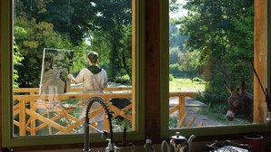 A rustic cabin with a wooden deck overlooking a forested area. - Le Moulin du Bas Pesé (Mont-pres-Chambord)