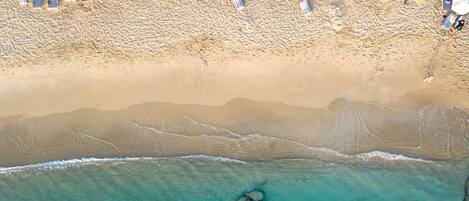 An aerial view of a beach with sun loungers and umbrellas, a building labeled "J. Liana Hotel," and clear turquoise waters.
