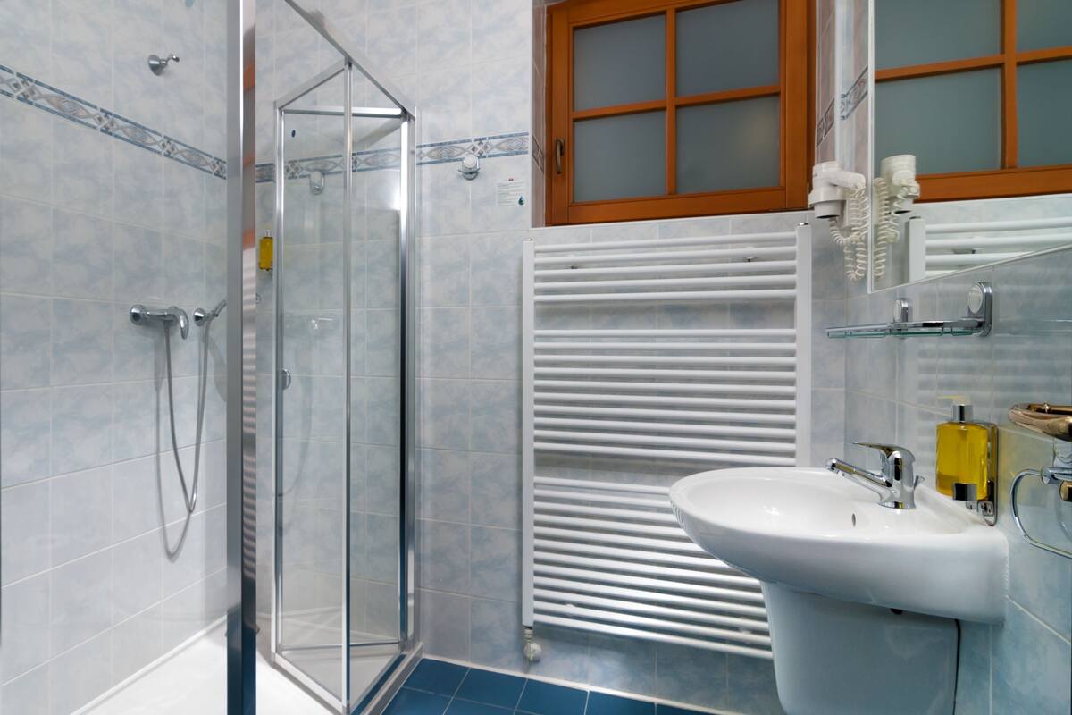 shower, hair dryer, towels, soap