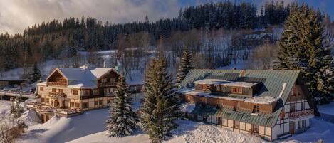 A large, multi-story lodge with a traditional Alpine architectural style, surrounded by snow-covered trees and a forested backdrop.