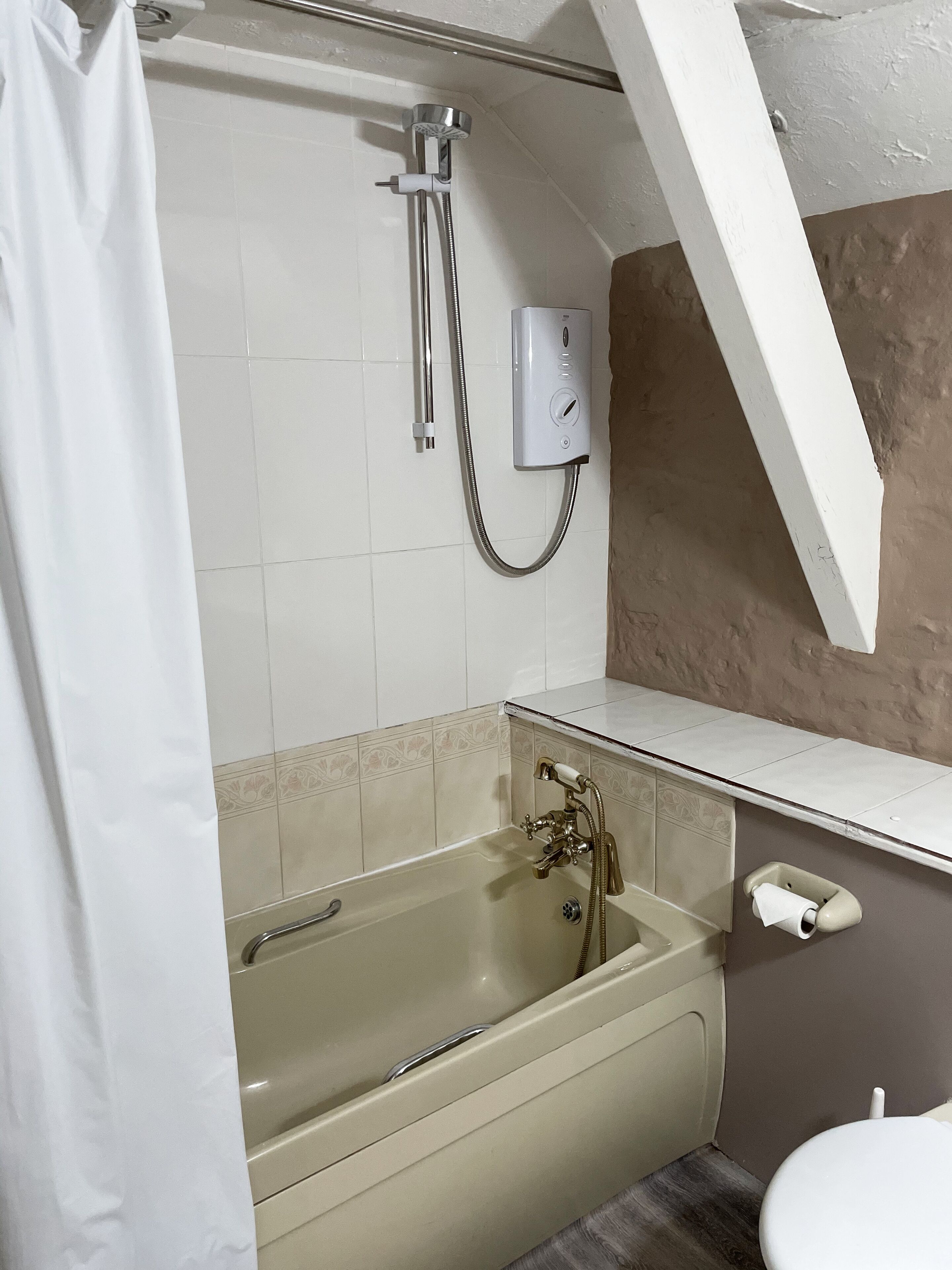 A bathroom with a bathtub, a shower, a toilet, and a towel dispenser.