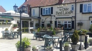 An outdoor seating area with tables and chairs, surrounded by potted plants, in front of a building with a sign reading "The Olde Red Lion". - Ye Olde Red Lion (York)