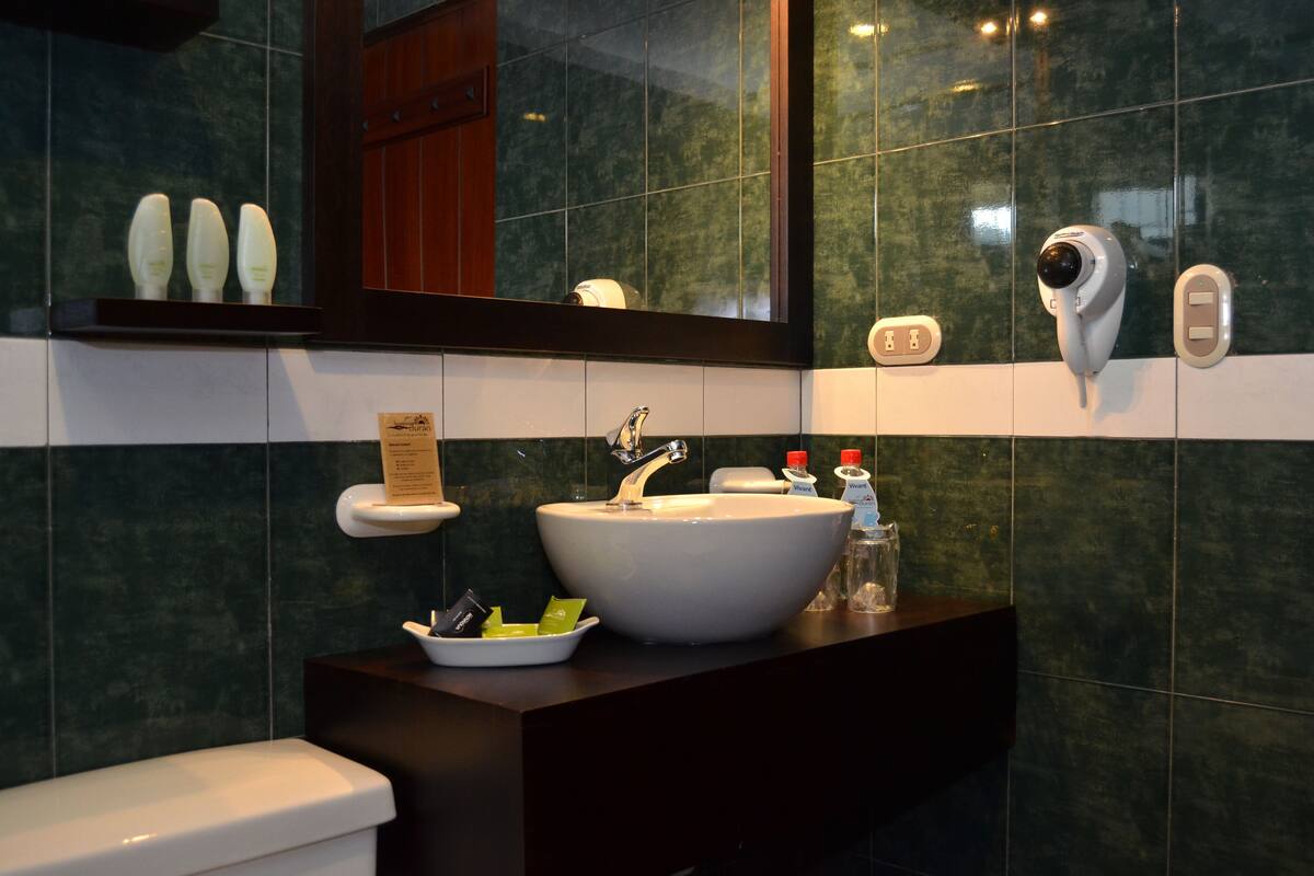 free toiletries, hair dryer, towels