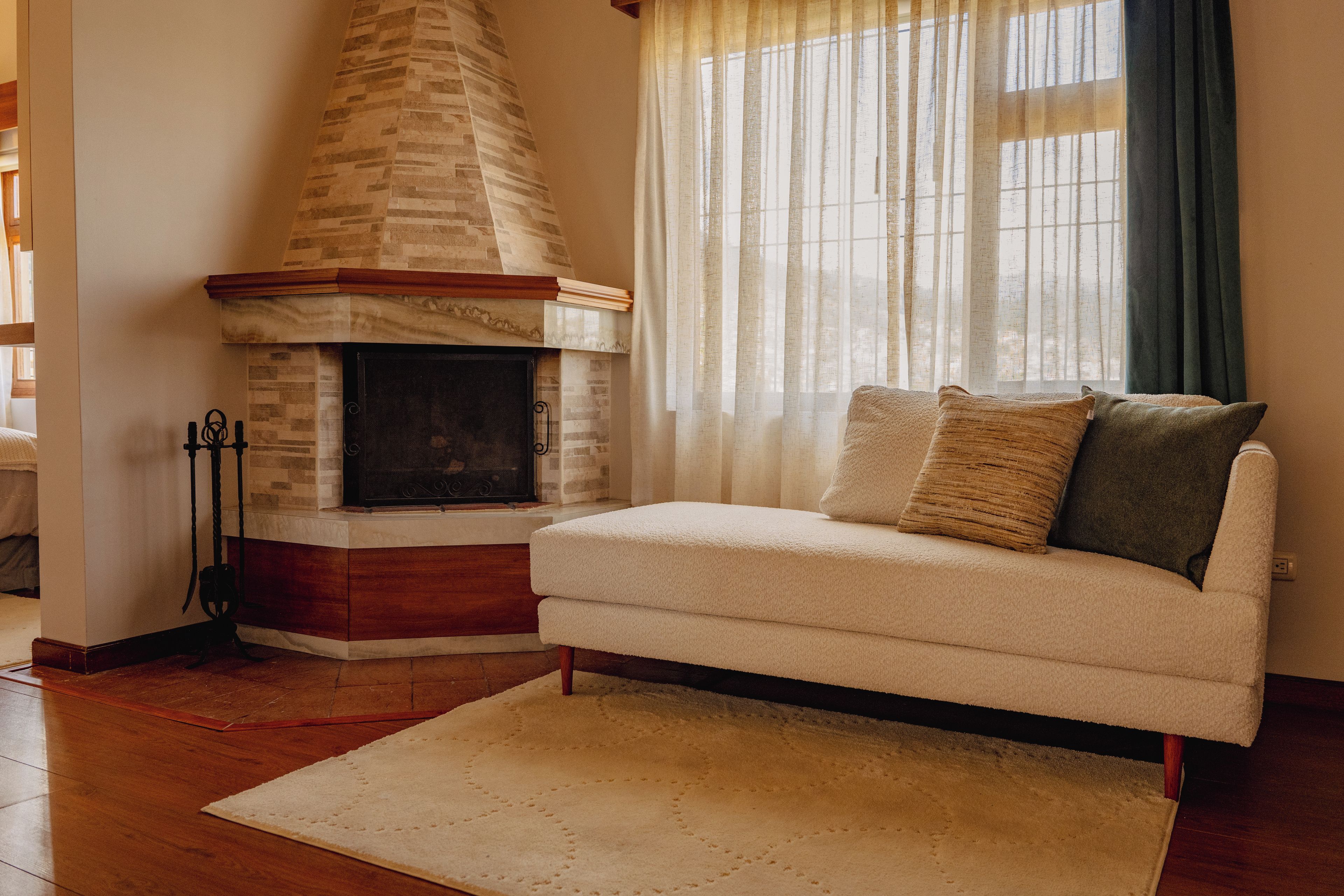 A living room with a fireplace, a sofa, and a rug.