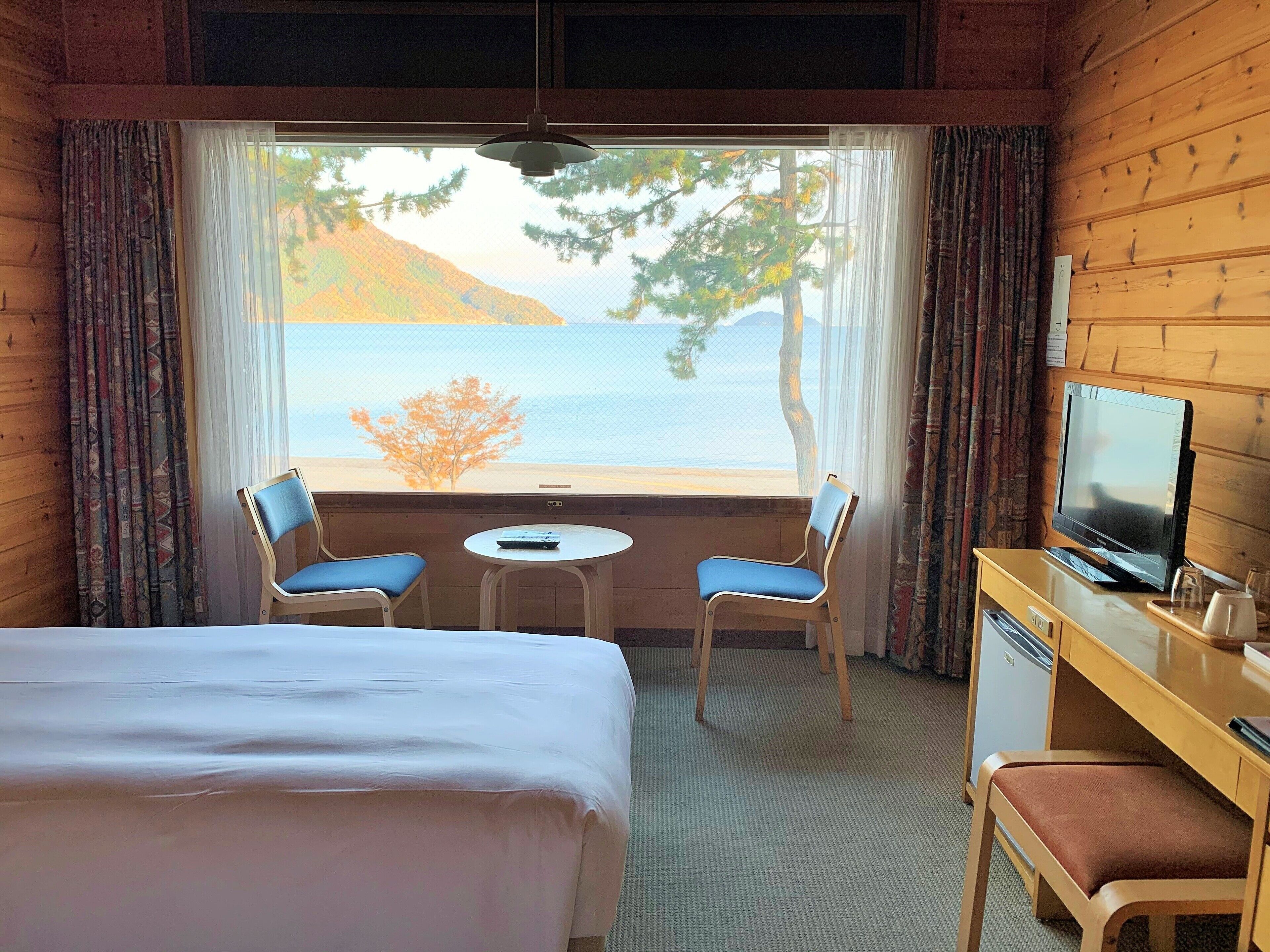 Una camera d'albergo con un letto, una scrivania con la televisione, due sedie, un tavolino e vista su un lago e delle colline.