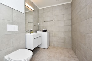 A modern bathroom with a toilet, sink, and mirror.