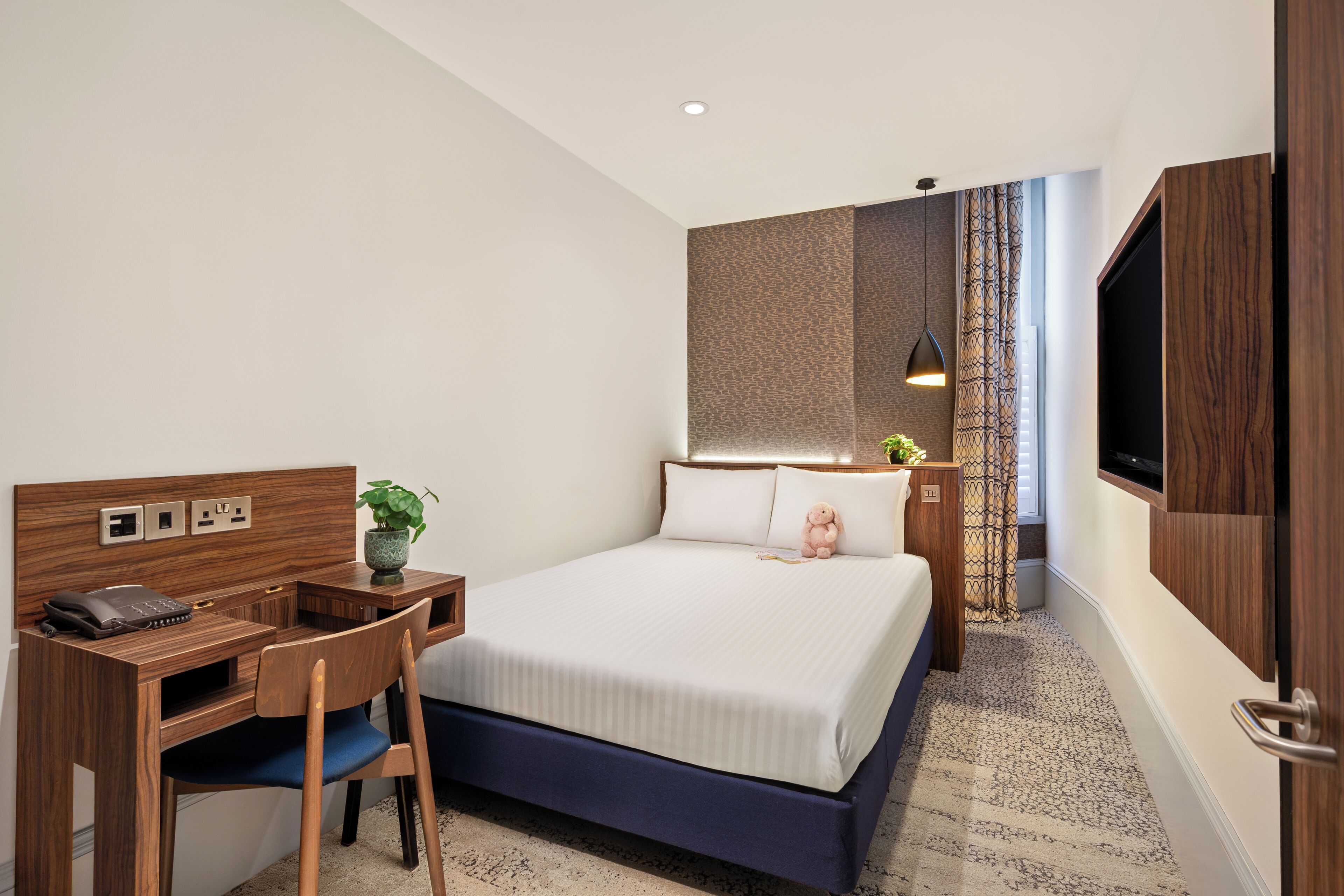 A hotel room with a bed, desk, chair, TV, and a plant.