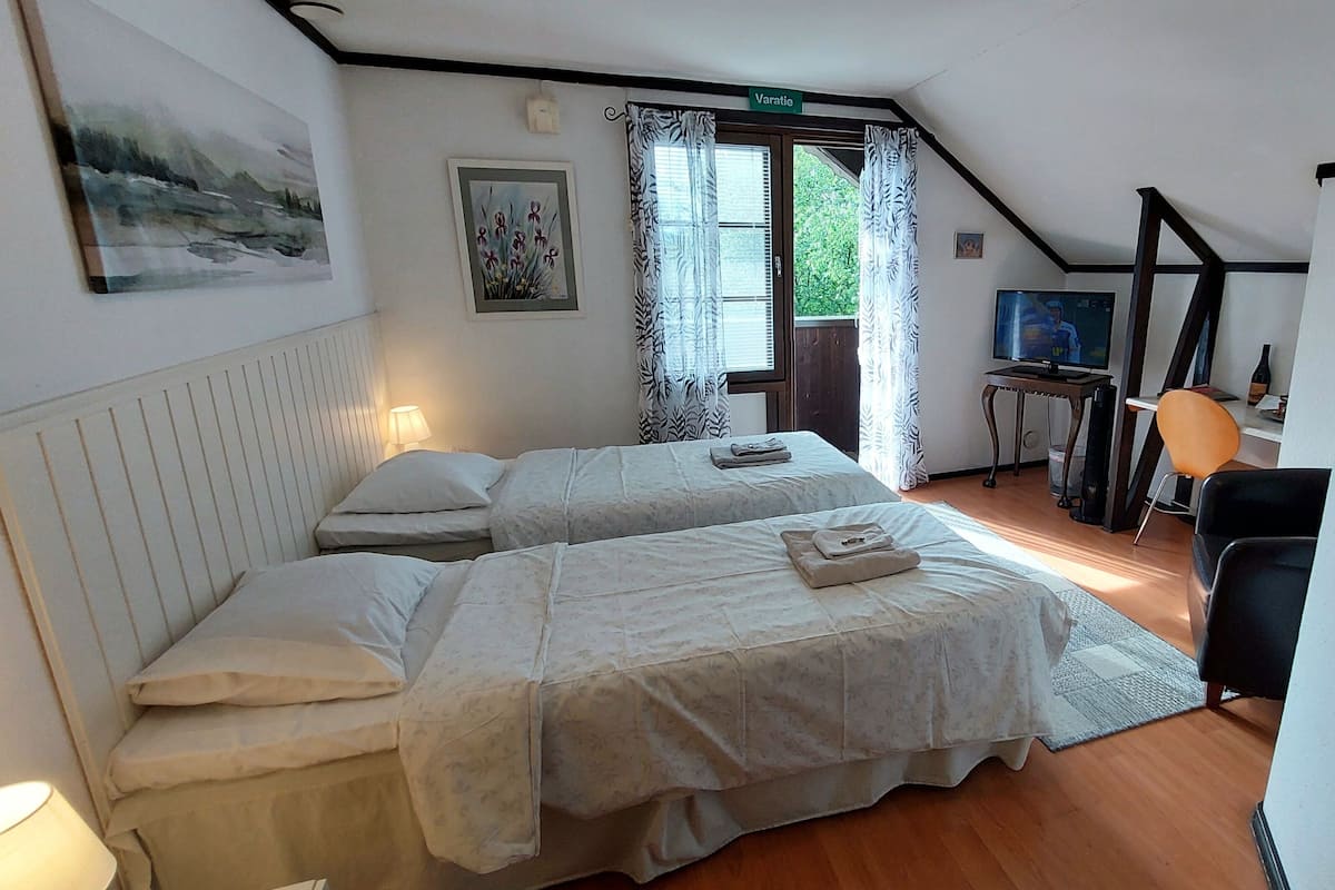 A bedroom with two beds, a desk with a chair, a television, and a window with curtains.