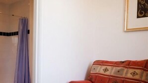 A room with a patterned sofa, a shower curtain, and a framed picture on the wall. - Royal Oak (Kingsbridge)