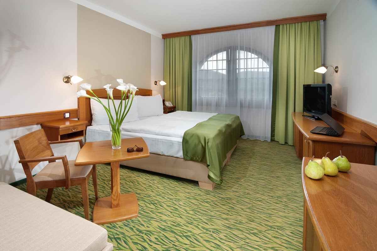 A hotel room with a bed, a desk, a chair, a small table with a vase of flowers, a television, and a window with sheer curtains.
