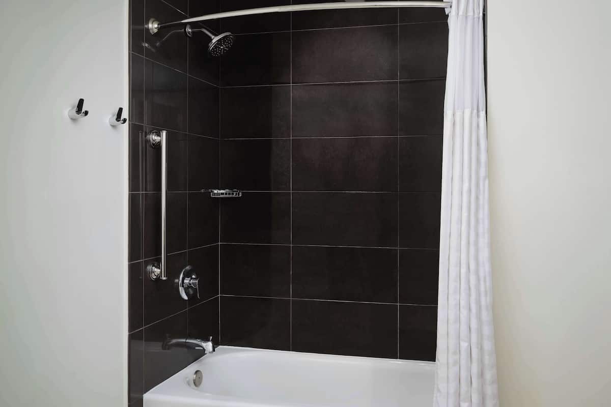 A modern bathroom with a bathtub, a shower, and a toilet.
