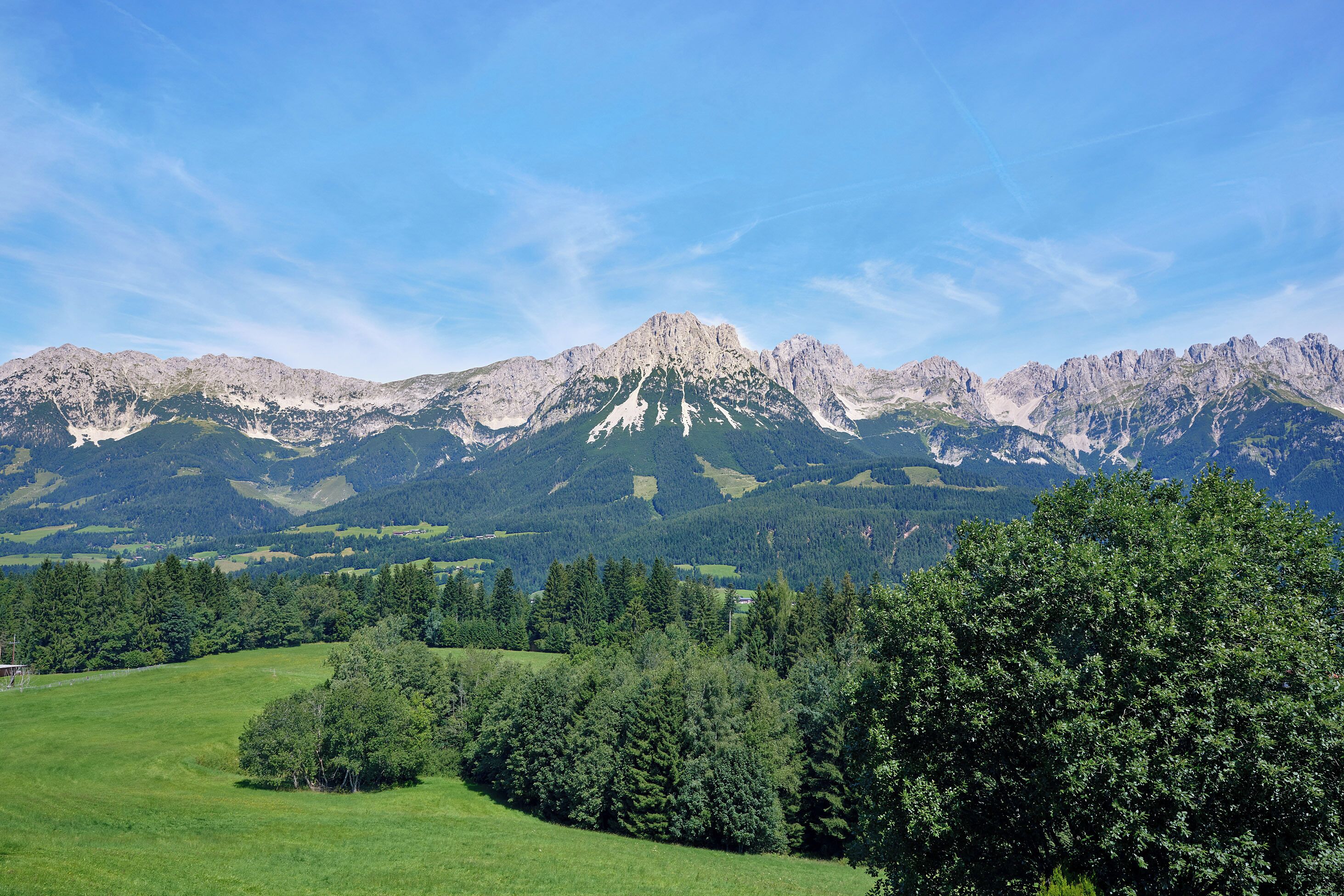 A mountain landscape with a prominent peak, lush green fields, and dense forests.