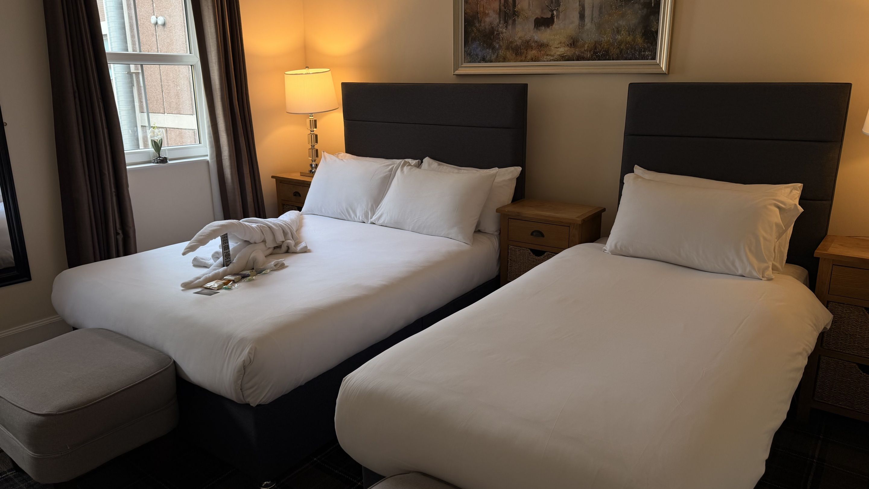Une chambre d’hôtel avec deux lits, une table de chevet avec une lampe, un tableau au mur et une fenêtre avec des rideaux.