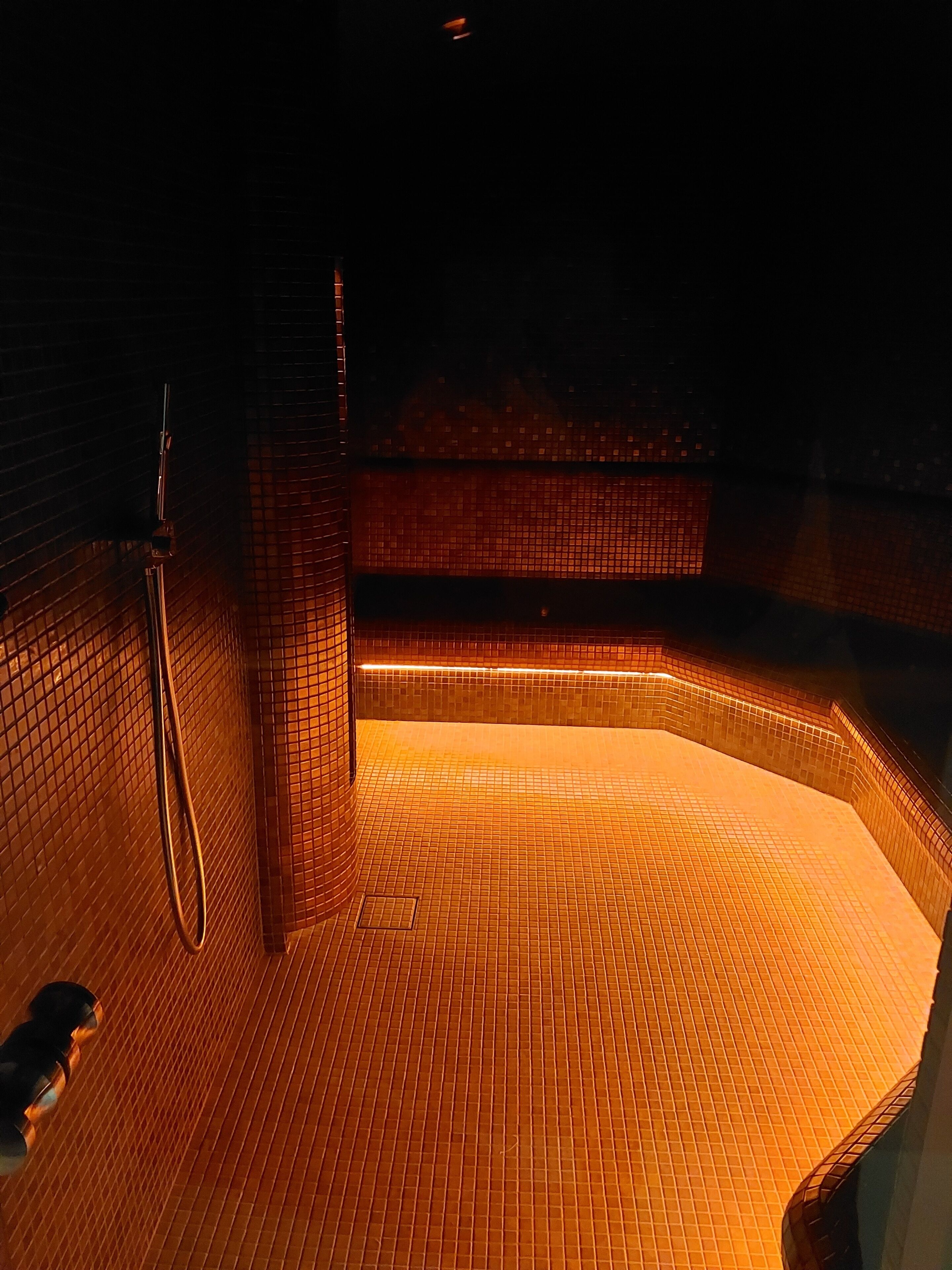 A tiled indoor pool area with a shower and a bench.