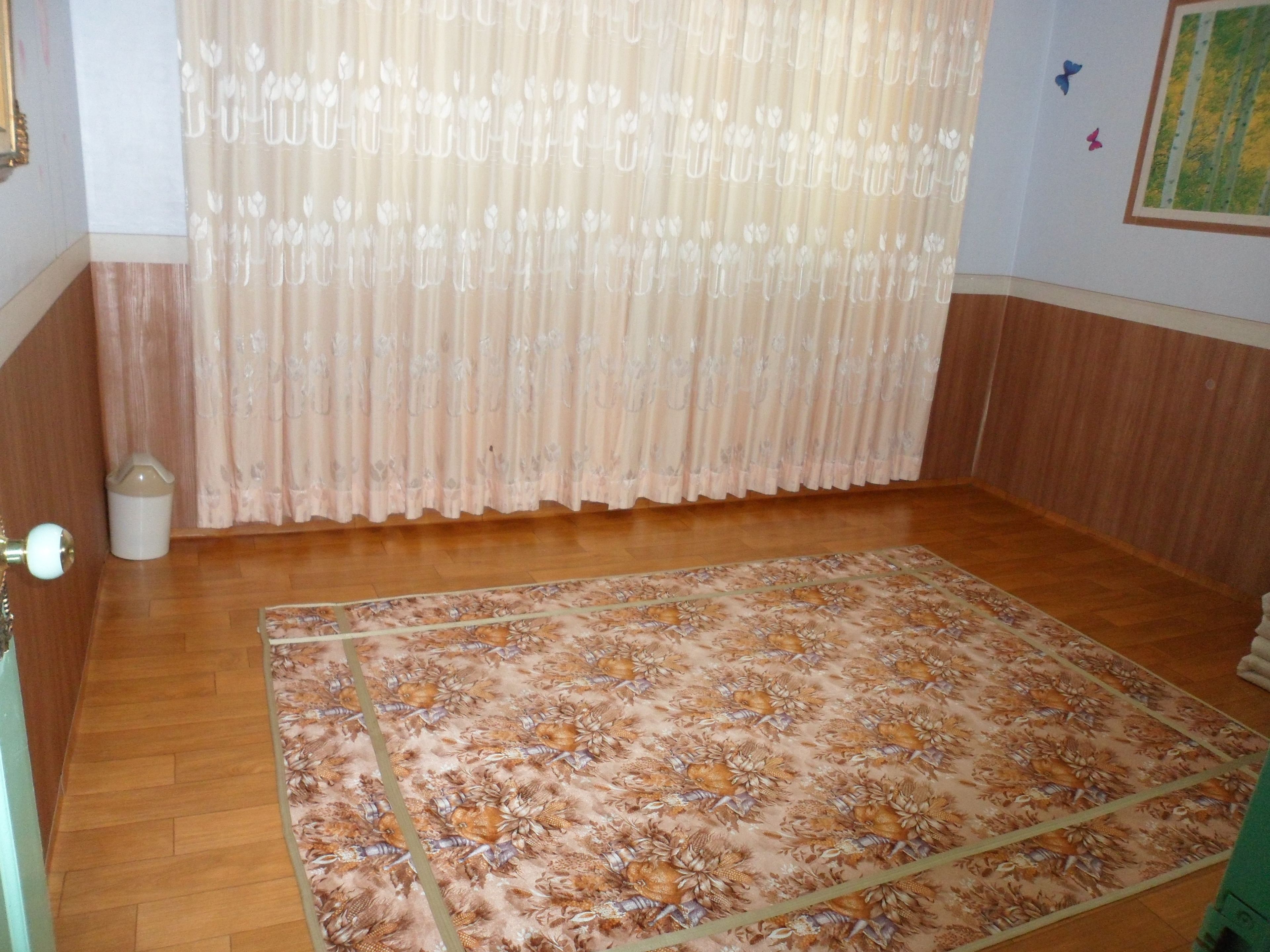 Une pièce avec un tapis à motifs floraux, un plancher en bois, un rideau orné de motifs de feuilles et une petite poubelle.