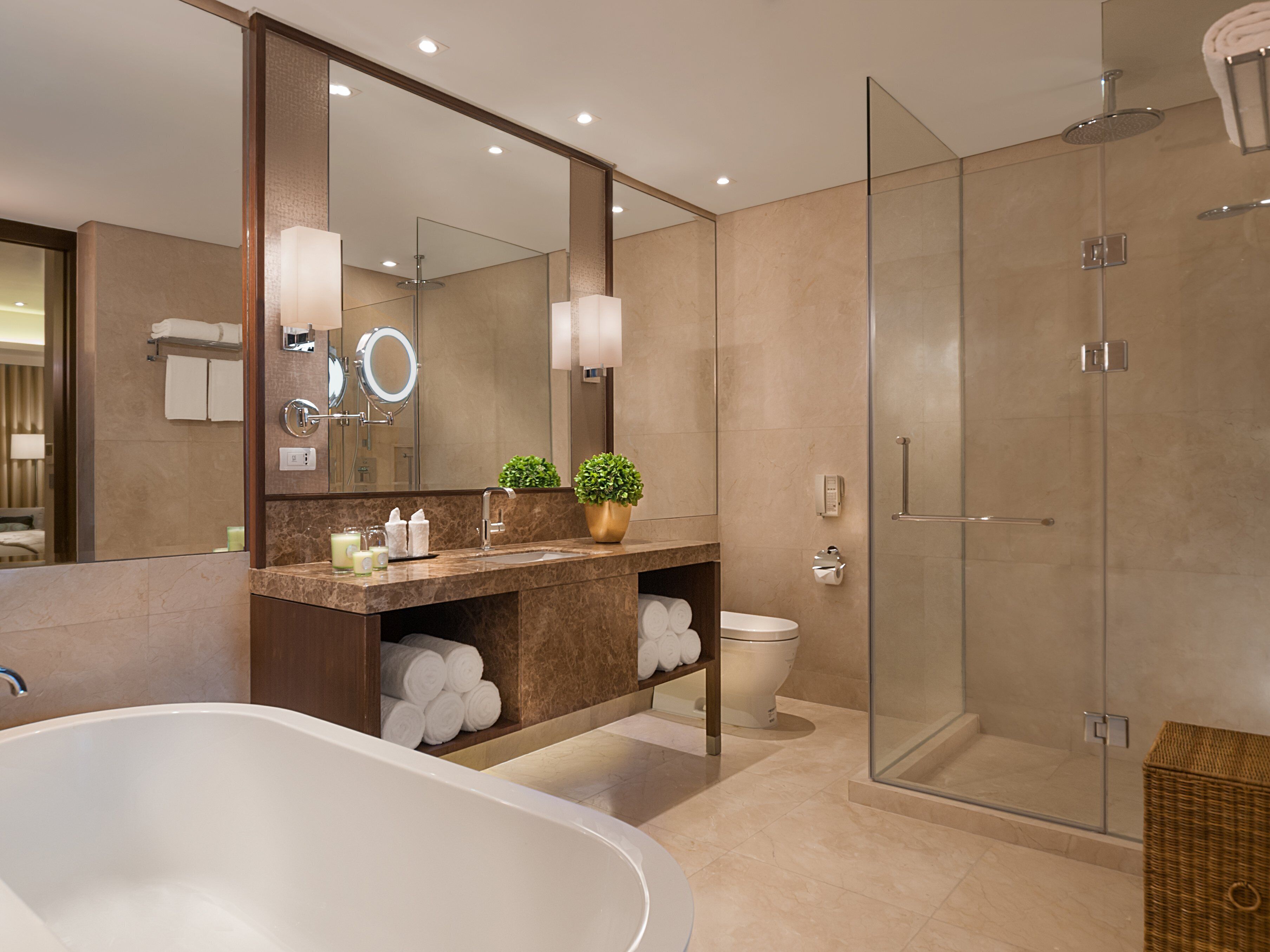 A modern bathroom with a freestanding bathtub, a glass-enclosed shower, and a vanity with a mirror.