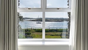 Una ventana con vista a un paisaje costero, que incluye una masa de agua, barcos y zonas verdes.