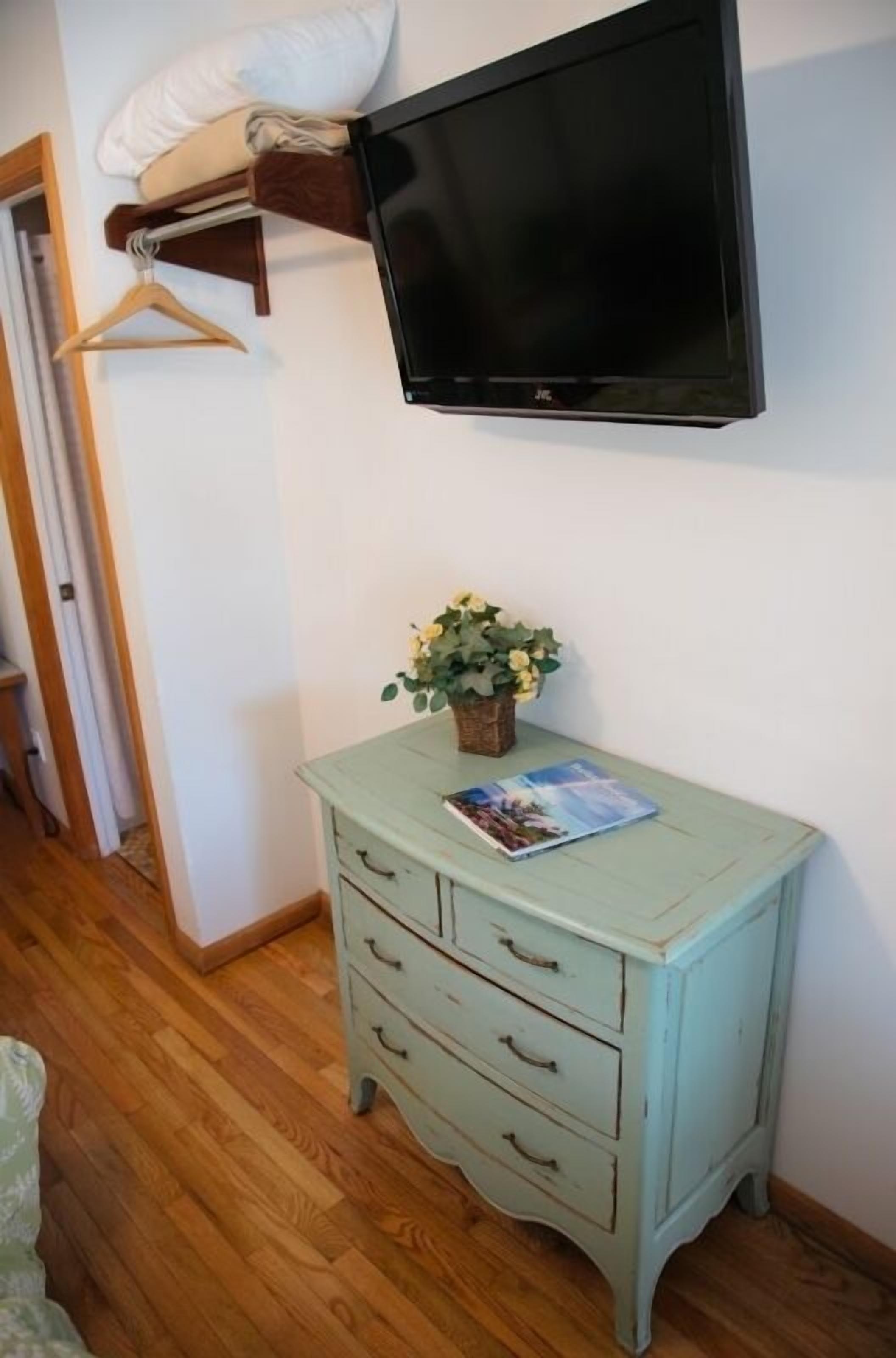 Une pièce avec un plancher en bois, une commode bleu clair dotée de tiroirs, une petite plante en pot et un téléviseur à écran plat fixé au mur.