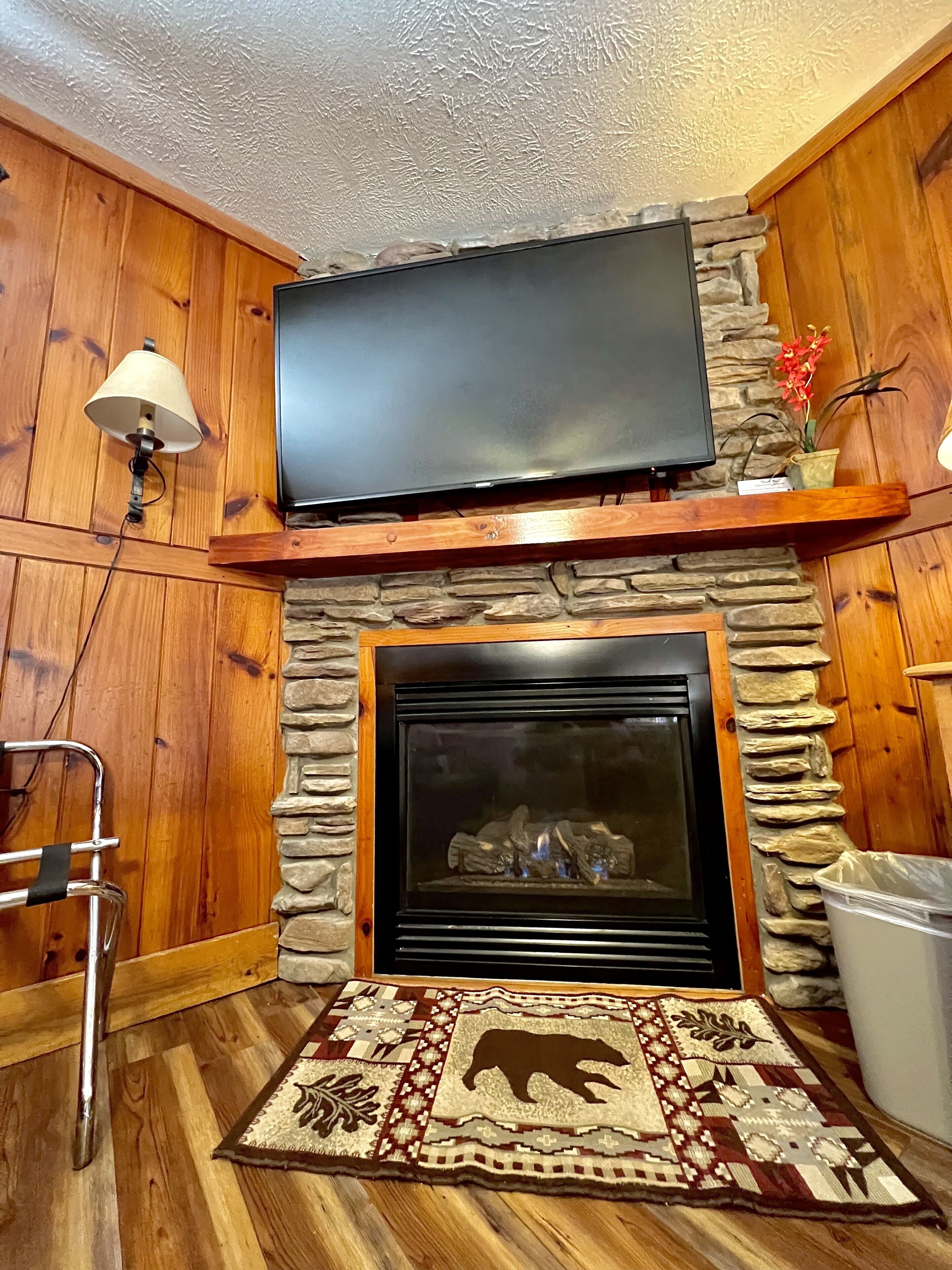Una sala de estar con chimenea de piedra, televisor montado, paredes de madera y una alfombra estampada.