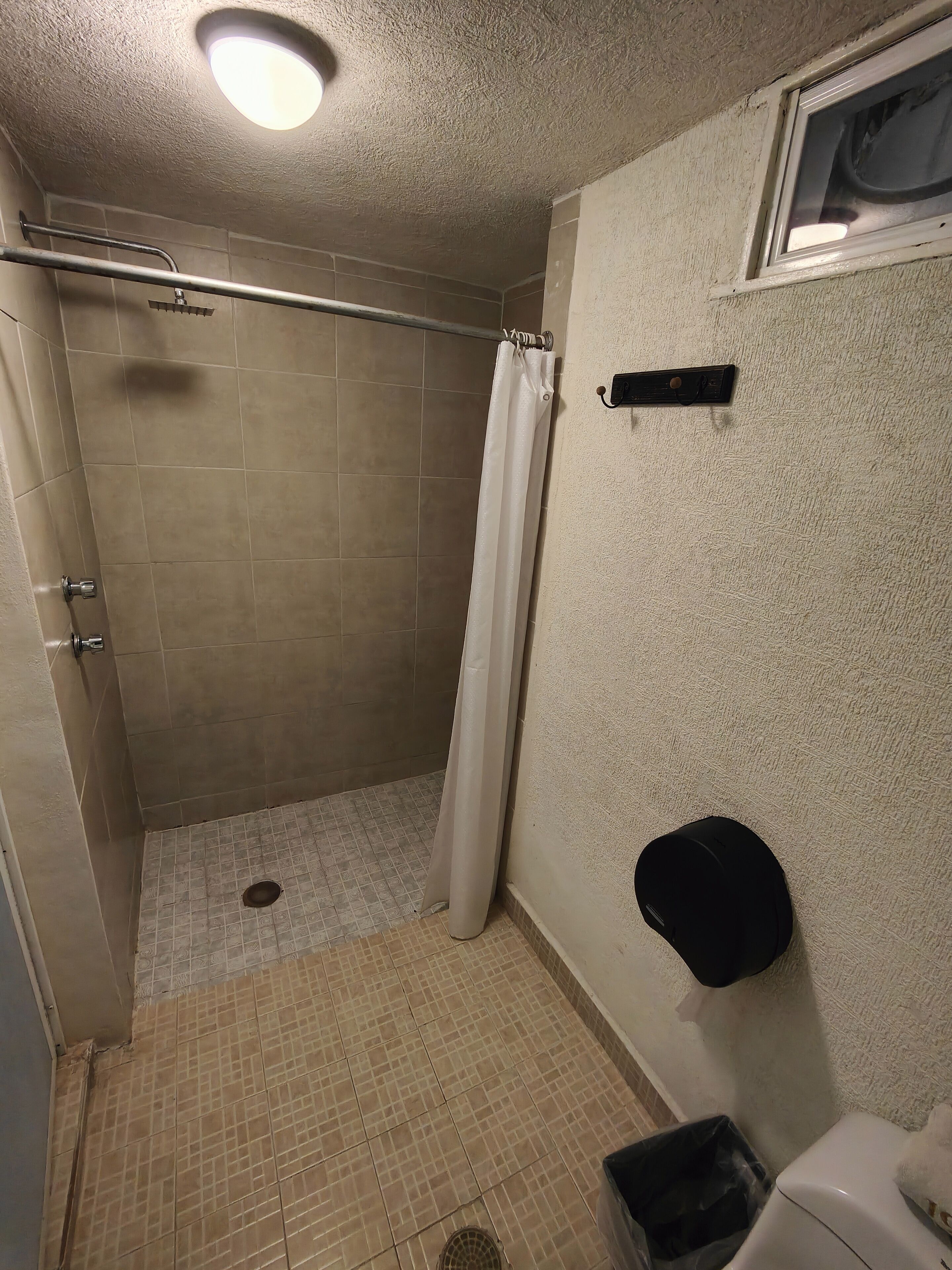 A small bathroom with a shower, a toilet, and a trash bin.