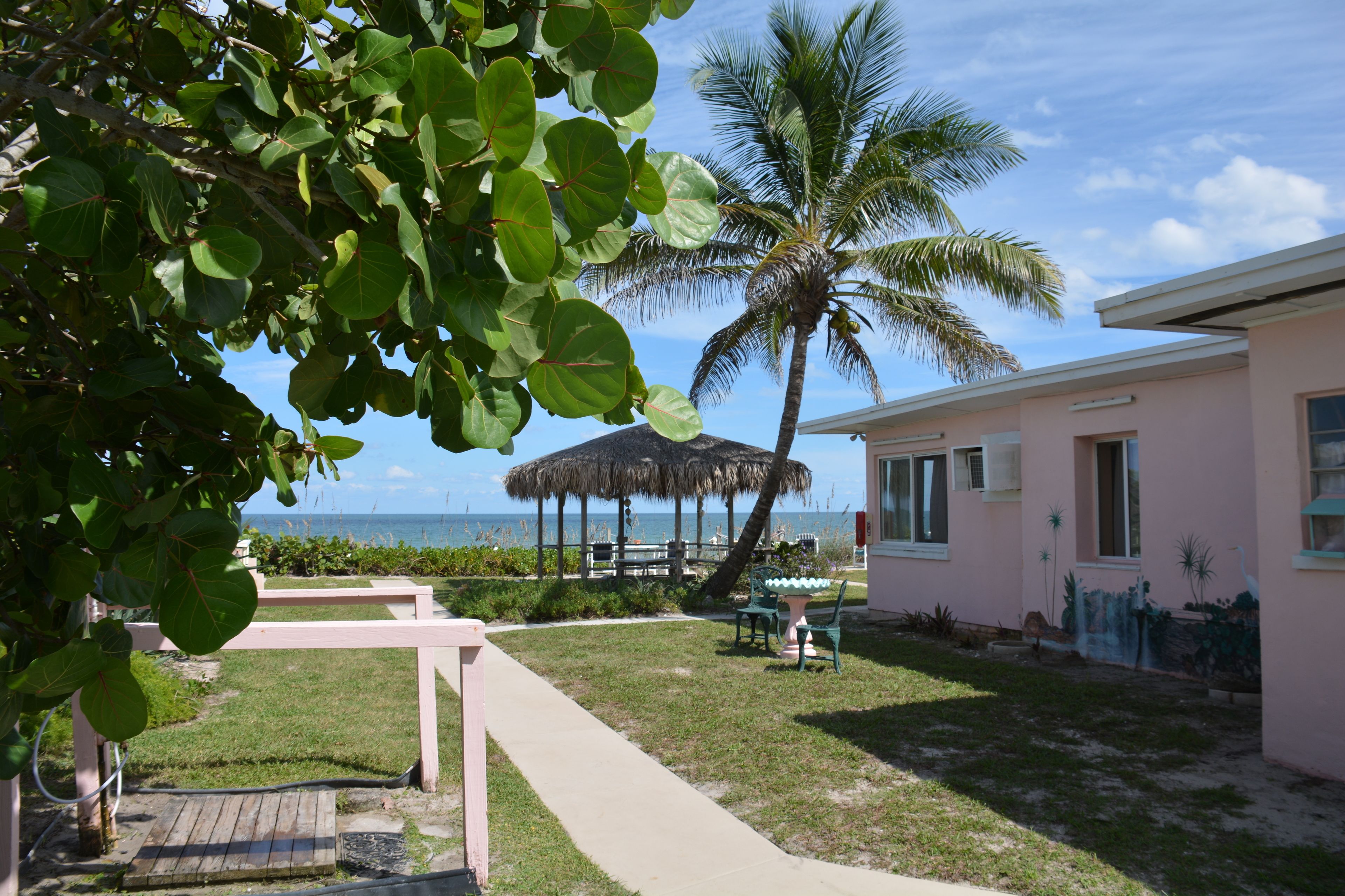 A pink building with a thatched gazebo, a palm tree, and a view of the ocean.