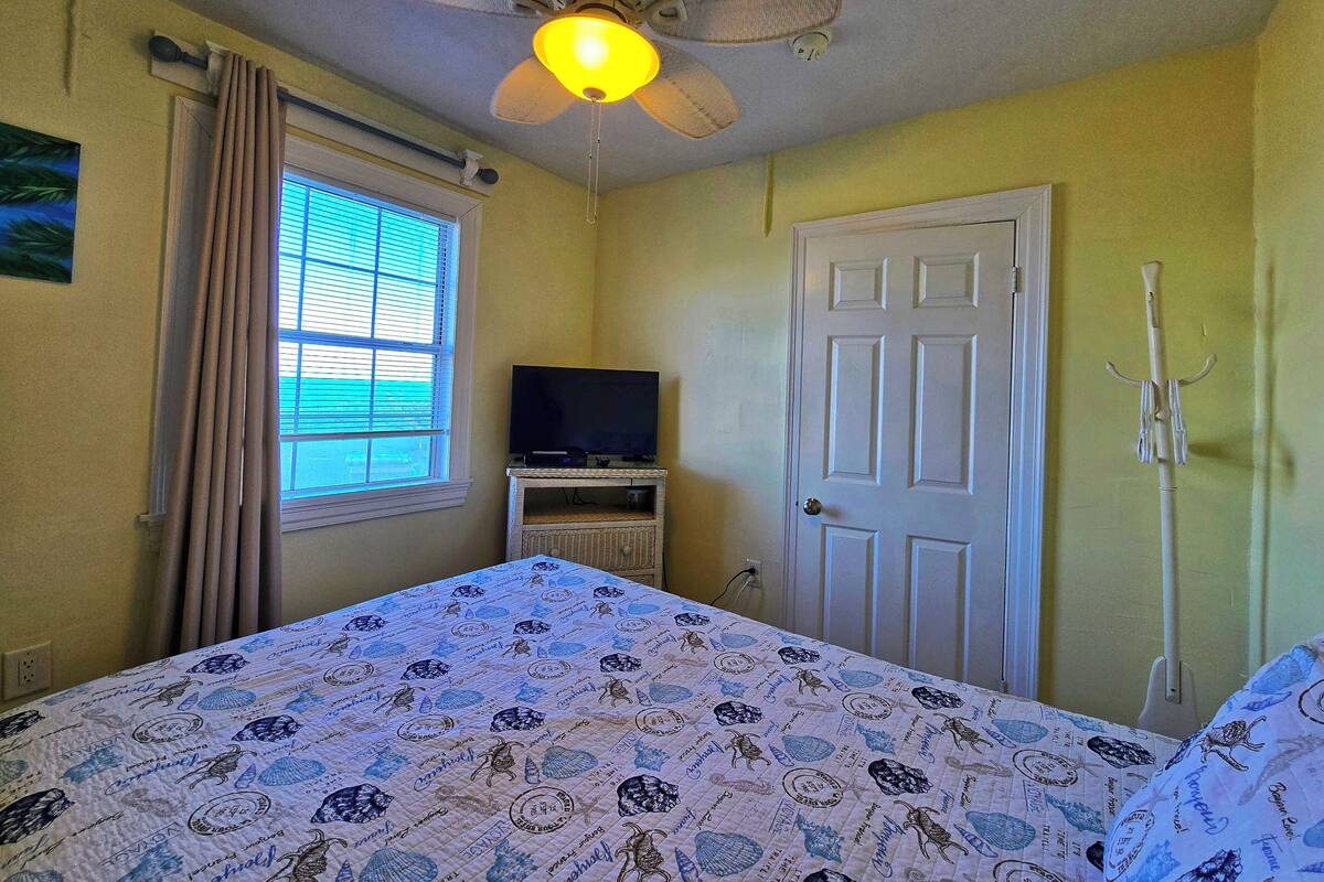 Un dormitorio con cama, ventilador de techo, televisor sobre un soporte, puerta y ventana con cortinas.