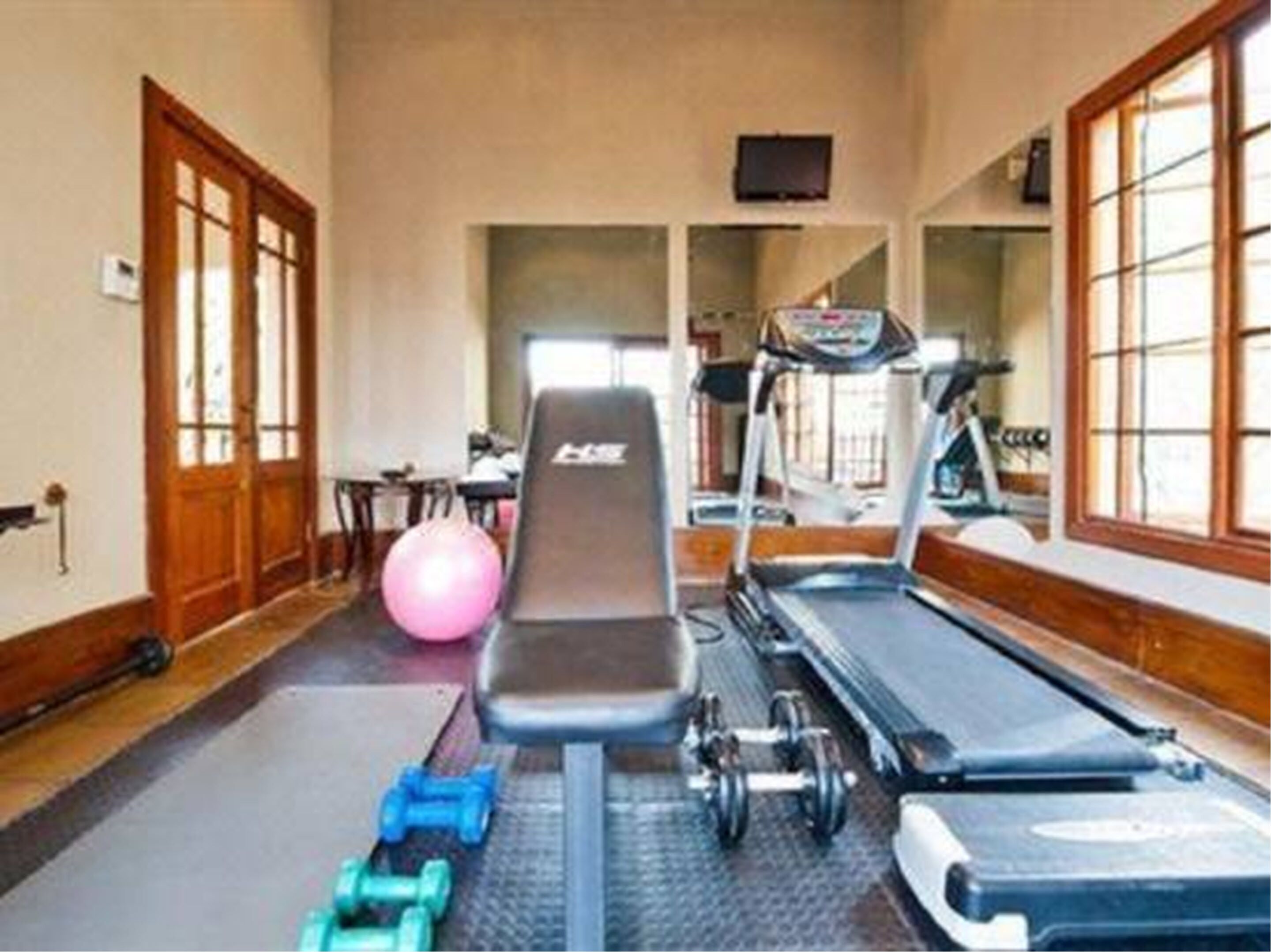 Ein Fitnessraum mit Laufband, einer Bank, Kurzhanteln und einem pinken Trainingsball.