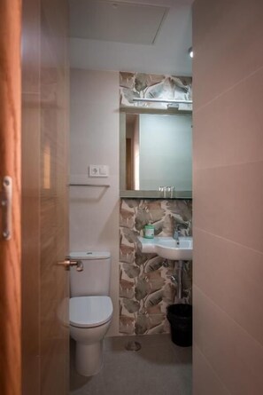 A bathroom with a toilet, sink, and mirror. - San Antonio (Madrid)