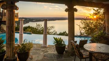 Outdoor pool, pool umbrellas, pool loungers