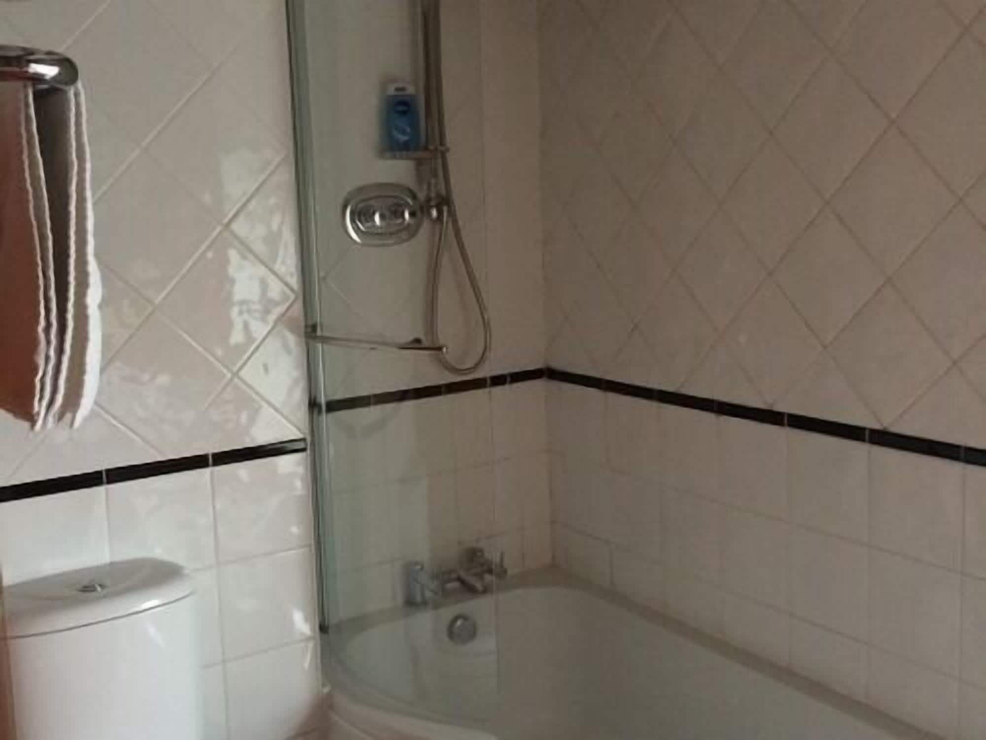 A bathroom with a glass-enclosed shower, a white toilet, and a towel rack.